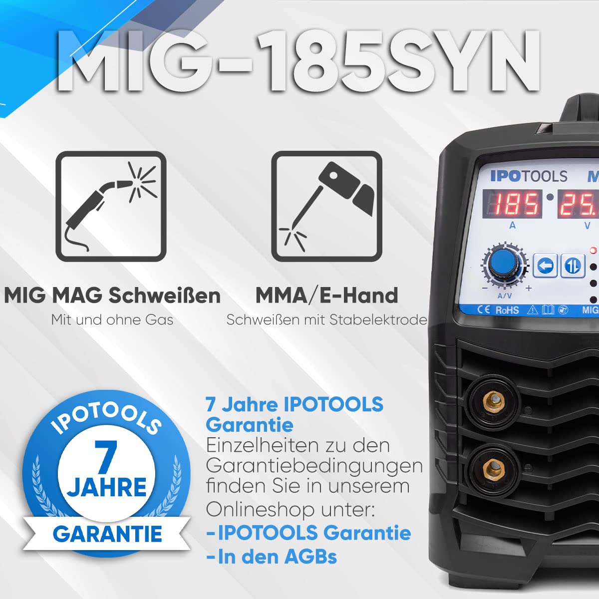 IPOTOOLS Spawarka MIG-185SYN MIG MAG – spawarka gazowa ochronna, 185 amperów, funkcja synergiczna, drut wypełniający i elektrody, E-Hand/cyfrowy wyświetlacz, IGBT / 230 V / 7 lat