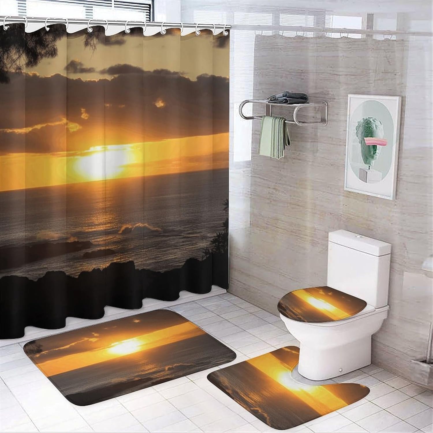 Sunset Hawaii Beach Shower Curtain Set 4 Piece, Non-Slip Bath Mat with Toilet Lid Cover and Waterproof Shower Curtain with 12 Hooks, Complete Bathroom Set for Home Decor