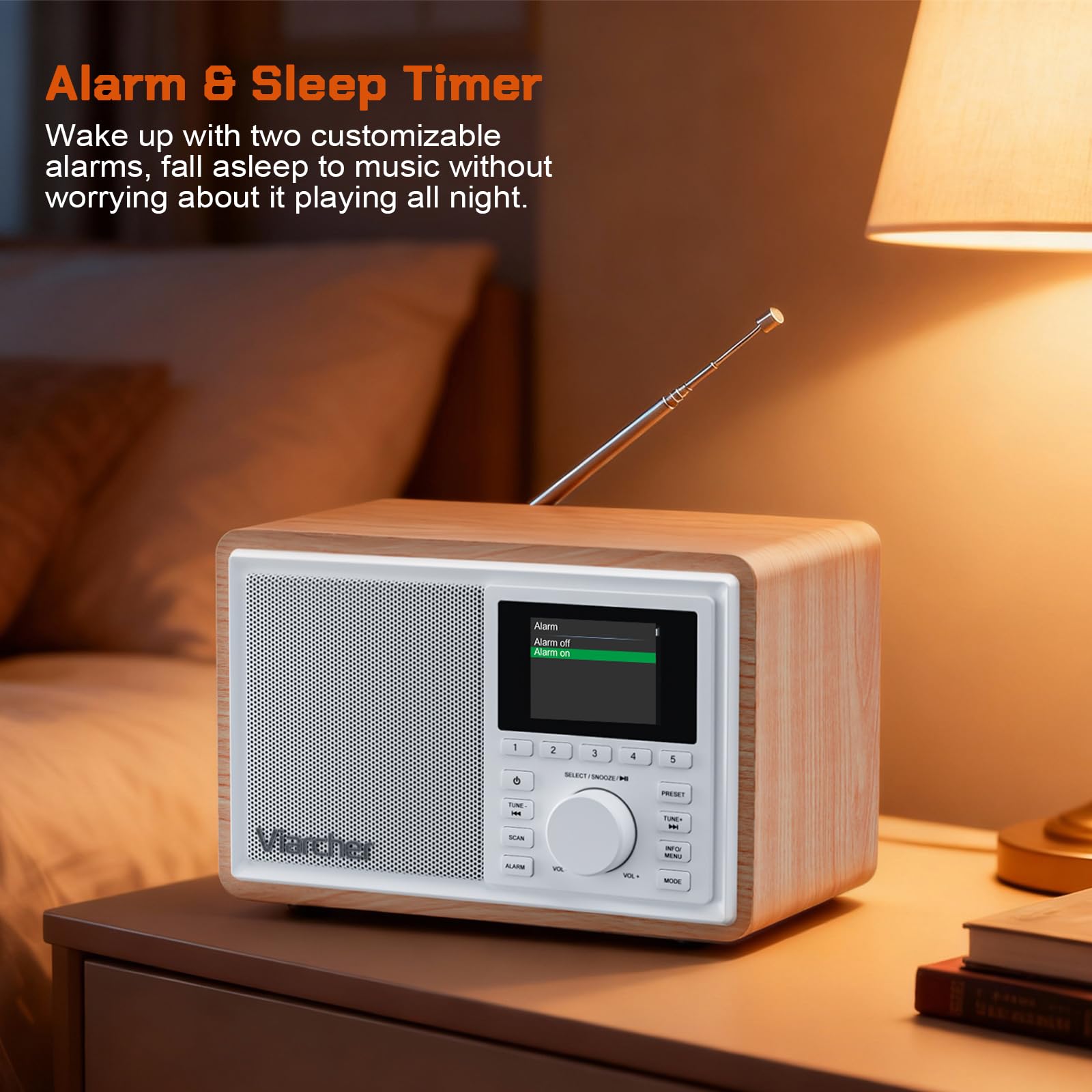 Radio numérique Dab/Dab+ & FM avec Bluetooth, Double Alarme, minuterie de Veille, 60 préréglages, entrée AUX, Prise Casque, écran Couleur 2,4'', Radio de Cuisine, Blanc/chêne