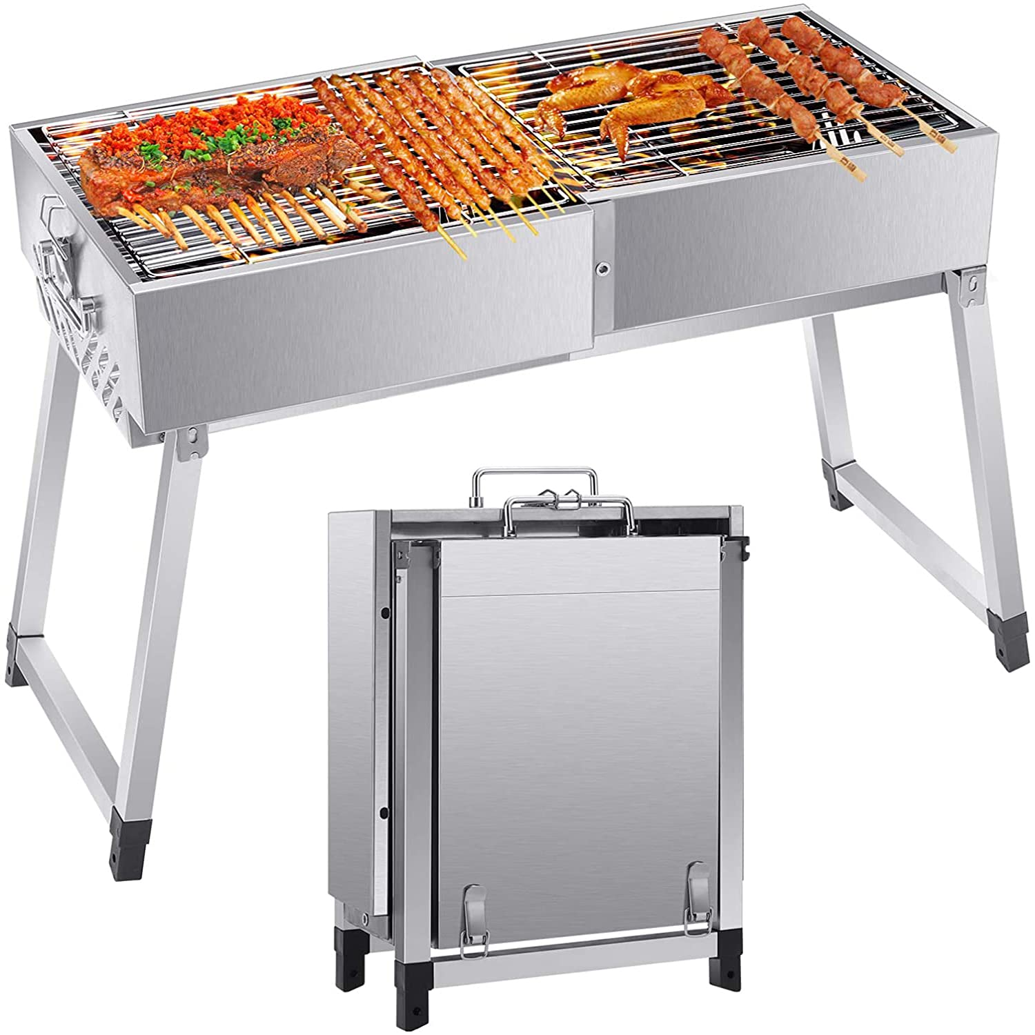 Przenośny grill na węgiel drzewny – składany grill ze stali nierdzewnej do gotowania na świeżym powietrzu, biwakowania i pikników