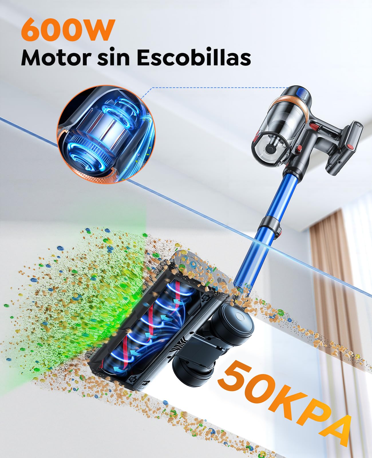 600W/50KPa Aspiradora sin Cable,65 Mins Autonomía,Aspirador Escoba Vertical con Cepillo Antiácaros,Pantalla Táctil,Función Aromática,Carga en Pared,Anti-Enredos,Luz LED,Adecuado Suelos/Sofás/Mascotas