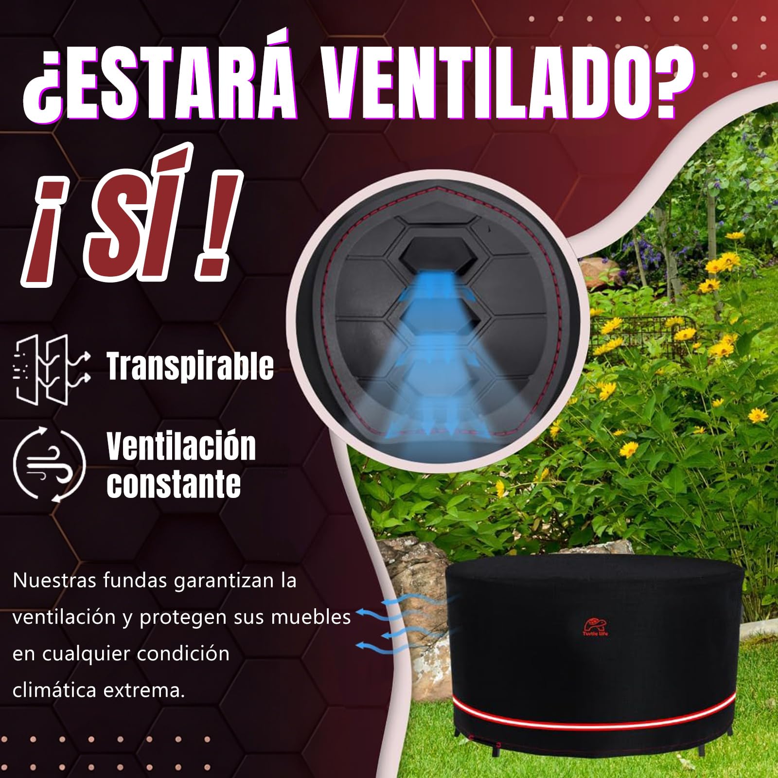 Turtle-Life Funda para Mesa Jardín Redonda, Funda Protectora para Muebles Exterior Impermeable,Resistente al Viento, Resistente al Desgarro, Anti-UV Cubierta de Muebles Jardín (Ø183x74cm)