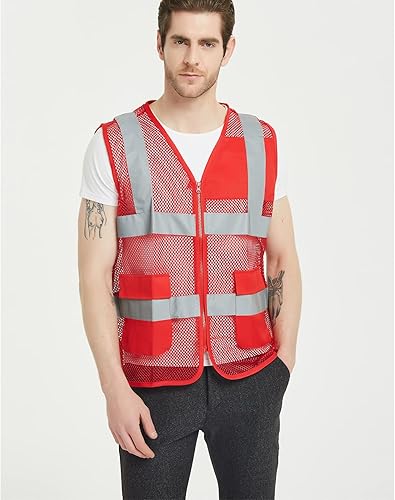 Miniatura 2 de TOPTIE Chaleco de voluntario unisex de malla grande de EE. UU., chaleco de seguridad con cremallera frontal con tiras reflectantes y bolsillos,