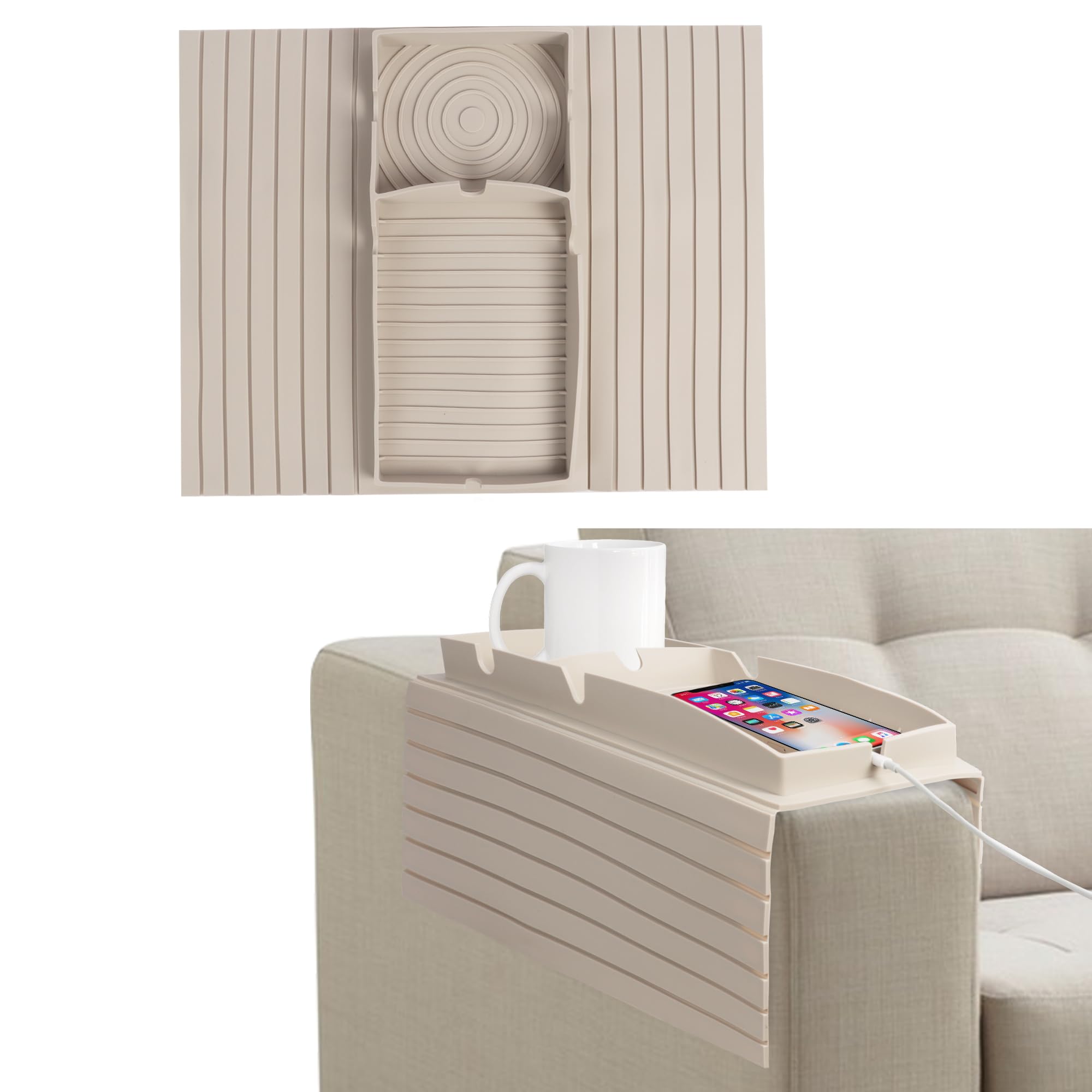 NiCola 2PCS Sofa Armchair Tray Organiser, Beige Couch Cup Holder Tray, Silicone Couch Caddy with Non Spill Cup Holder for TV Remote Control, Coffee, Snacks, Glasses, Phone (2pcs Beige)