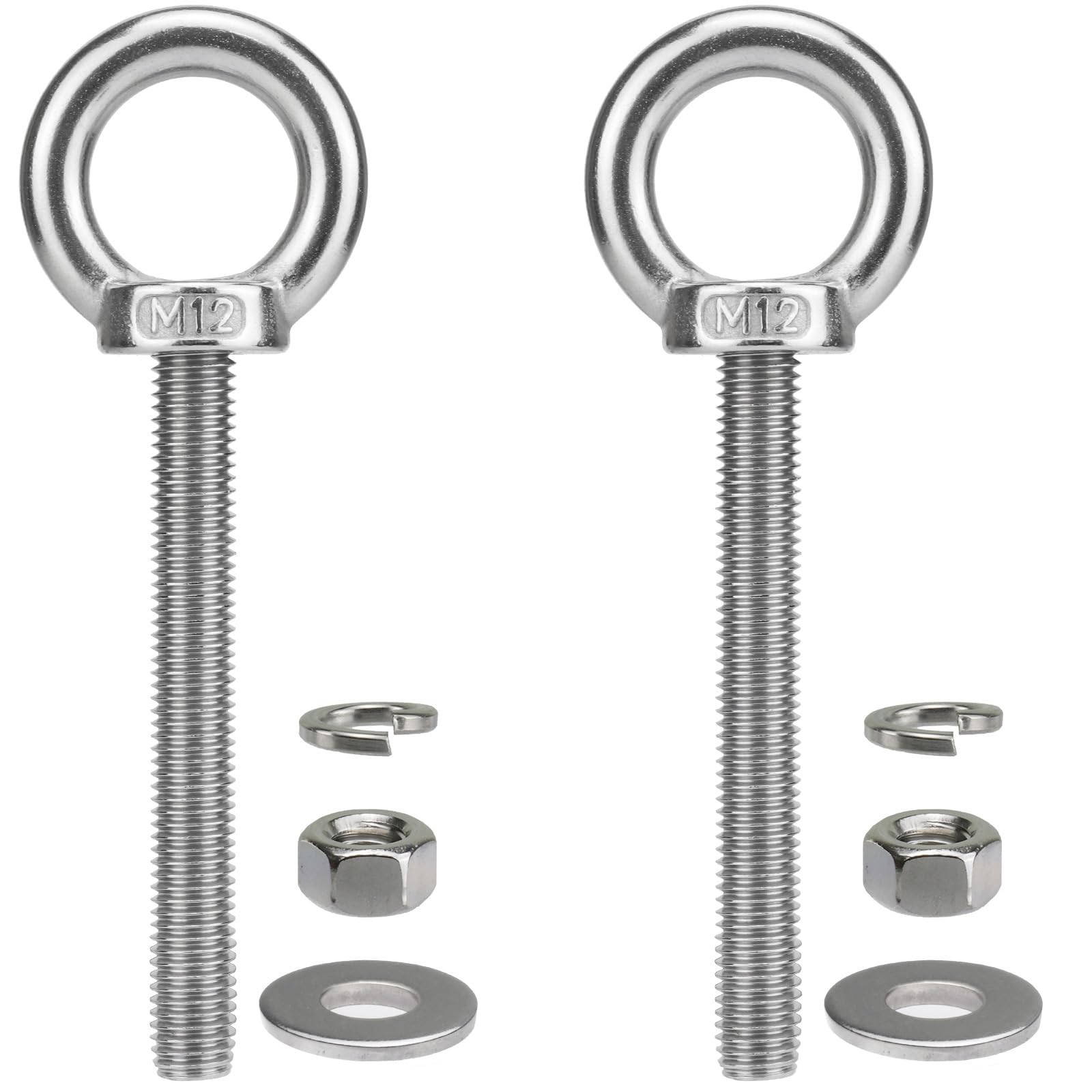 QWETRY M12 x 100mm Stainless Steel Eye Bolt with Nuts 2 Pack, 15/32" x 4 inch Long Shoulder Lifting Ring Eye Bolt for Boat & Hanging, Heavy Duty Marine Grade Threaded Eyebolts for Tie Down Outdoor — image 1