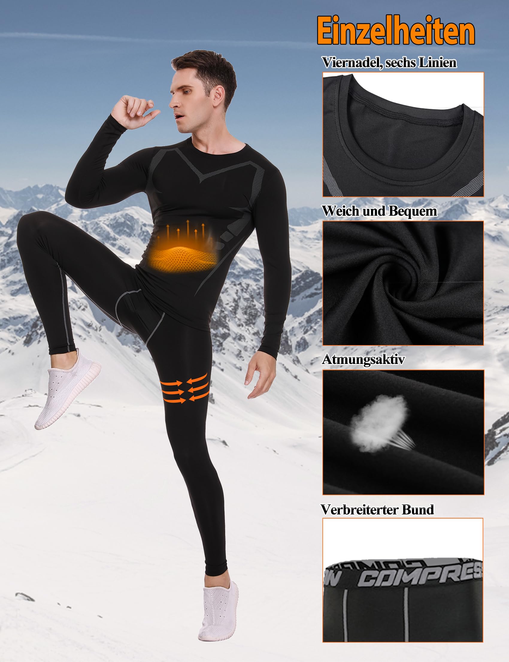 Terecey Thermounterwäsche Herren Winter Thermo Unterwäsche Set Fussball Funktionsunterwäsche Innenfleece Skiunterwäsche, Atmungsaktiv Schweiß Absorbieren zum Radfahren, Laufen, Jagen