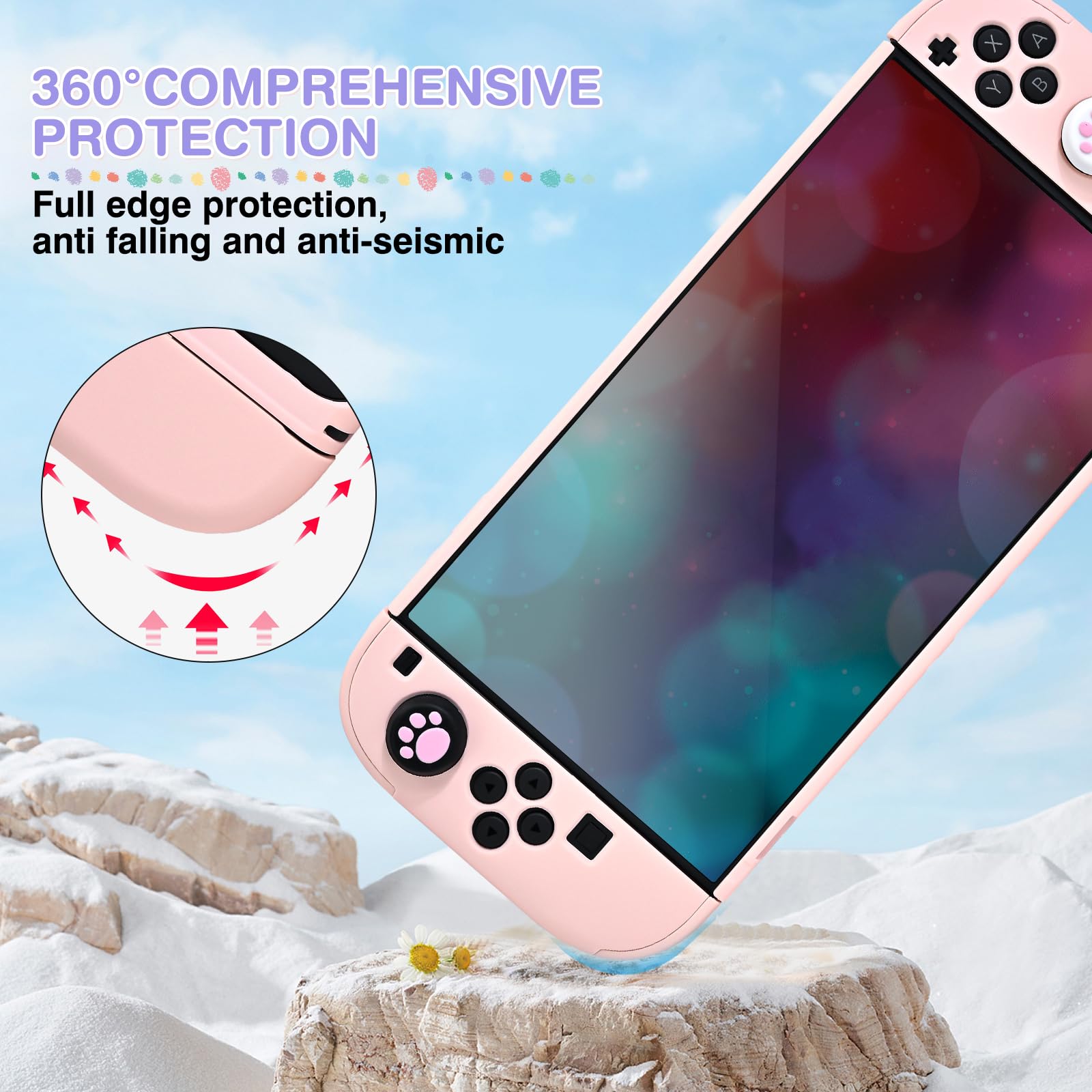 DLseego Custodia da Trasporto Solo per Switch 2, Custodia da Viaggio con Guscio Protettivo Robusto, 4PCS Grip Cover e 1PC Lovely Flower Charm,Rosa