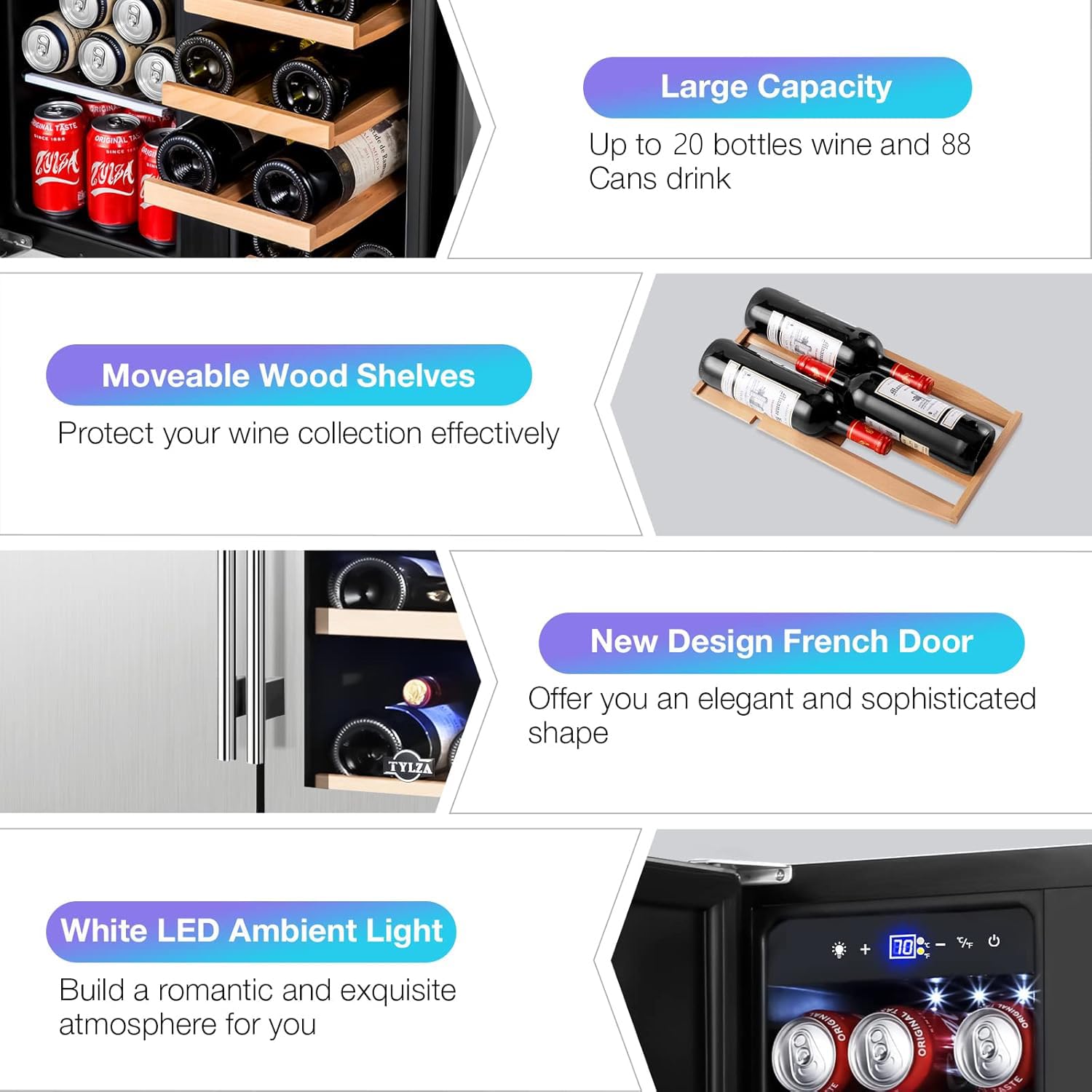 Tylza Wine And Beverage Refrigerator, 24 Inch Dual Zone Wine Beverage Cooler, Holds 20 Bottles And 88 Cans, Built-In And Freestanding, Seamless Glass Door, Under Counter Beer Wine Refrigerator on Fridge.com - View 6