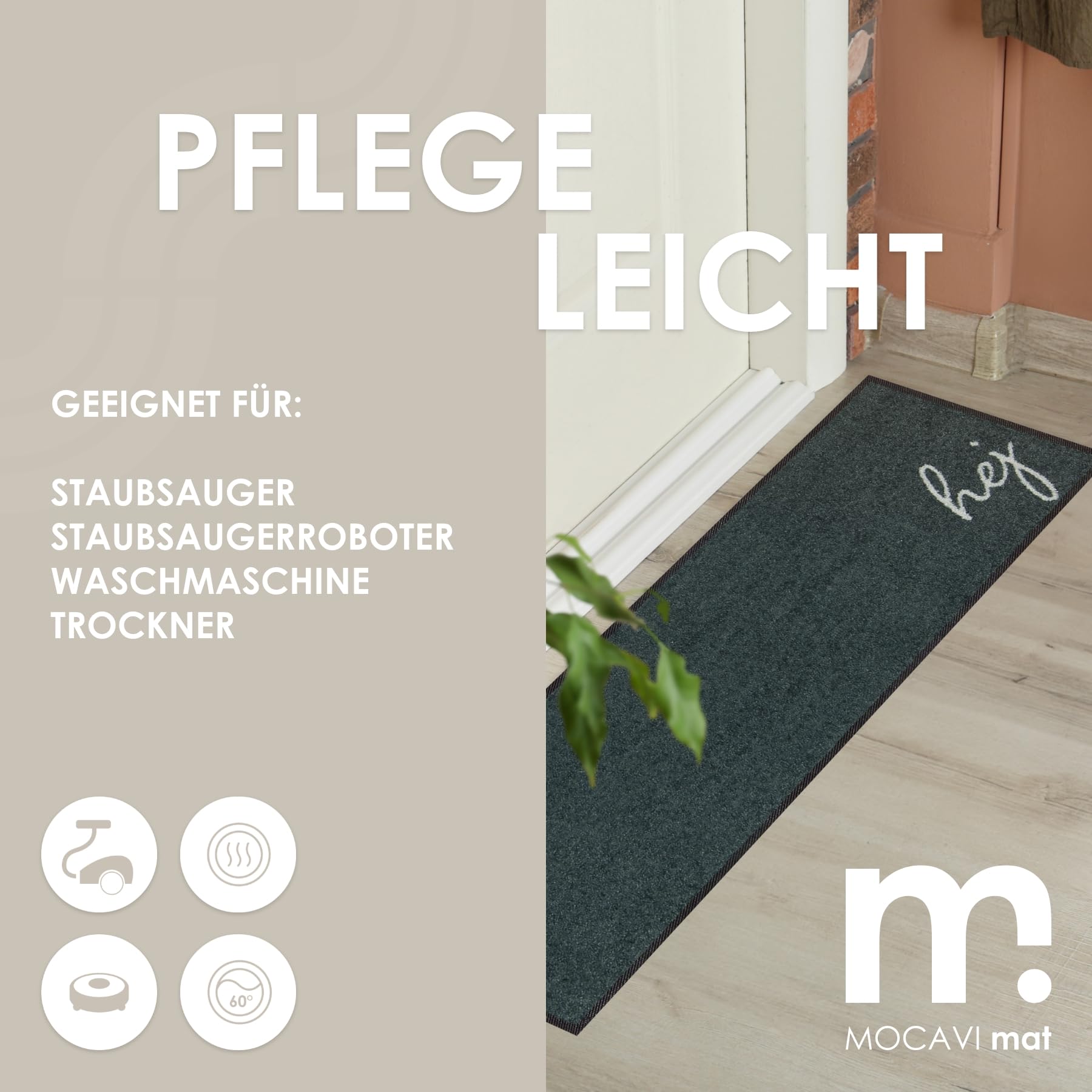 MOCAVI Mat Fußmatte Schuhparkplatz mit Rand waschbar außen & innen anthrazit 30x100 cm Hej Schuh-Teppich lang, schmal, Schuhe ausziehen, Deko sbereich innen, außen, Matte, Haustür, Stiefelmatte