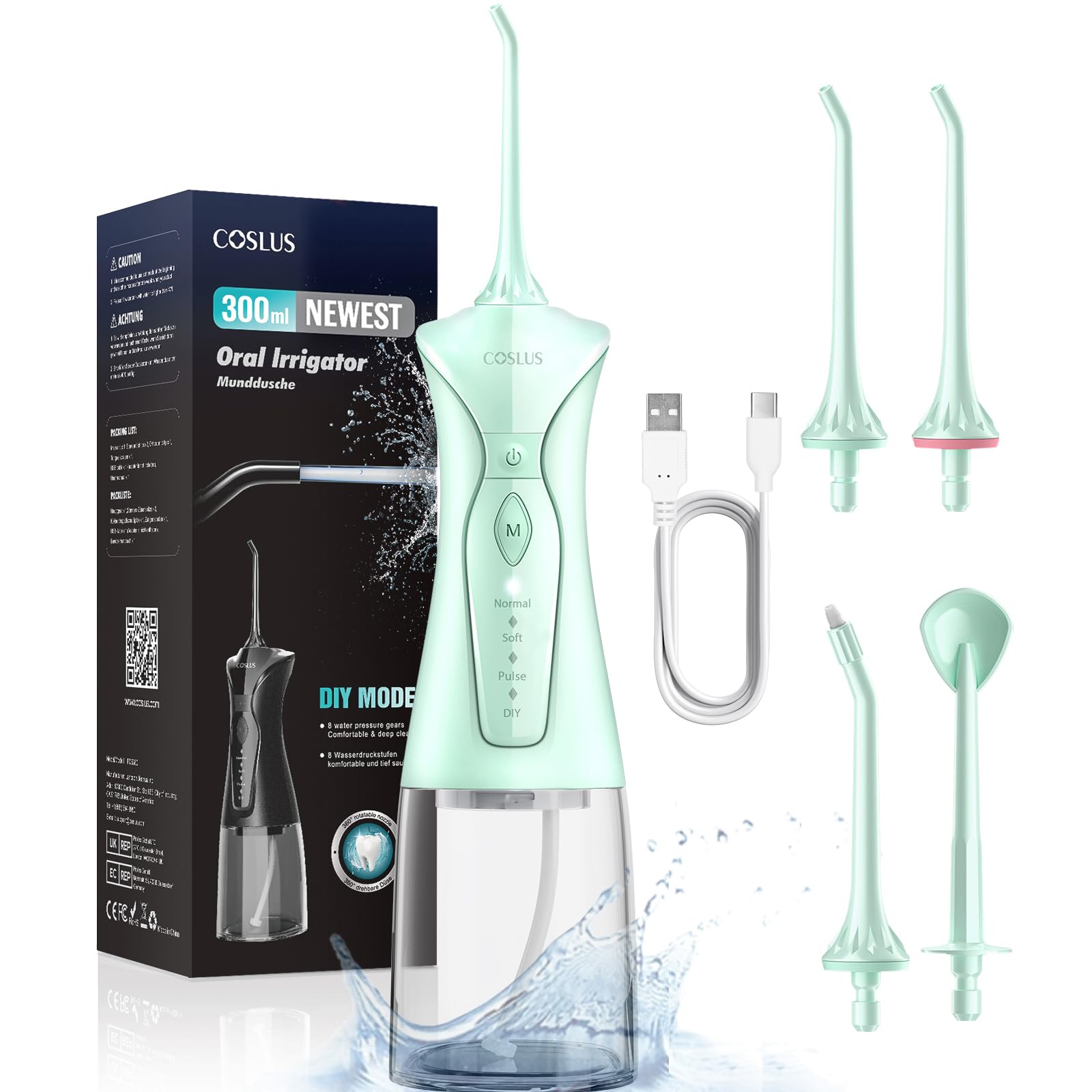 COSLUS Idropulsore Dentale Portatile: 300ml Irrigatore Orale Senza Fili, 4 Modalità Idropulsore Dentale, Vincitore del Test 30 Giorni, Facile da Usare, IPX7 Impermeabile, Verde