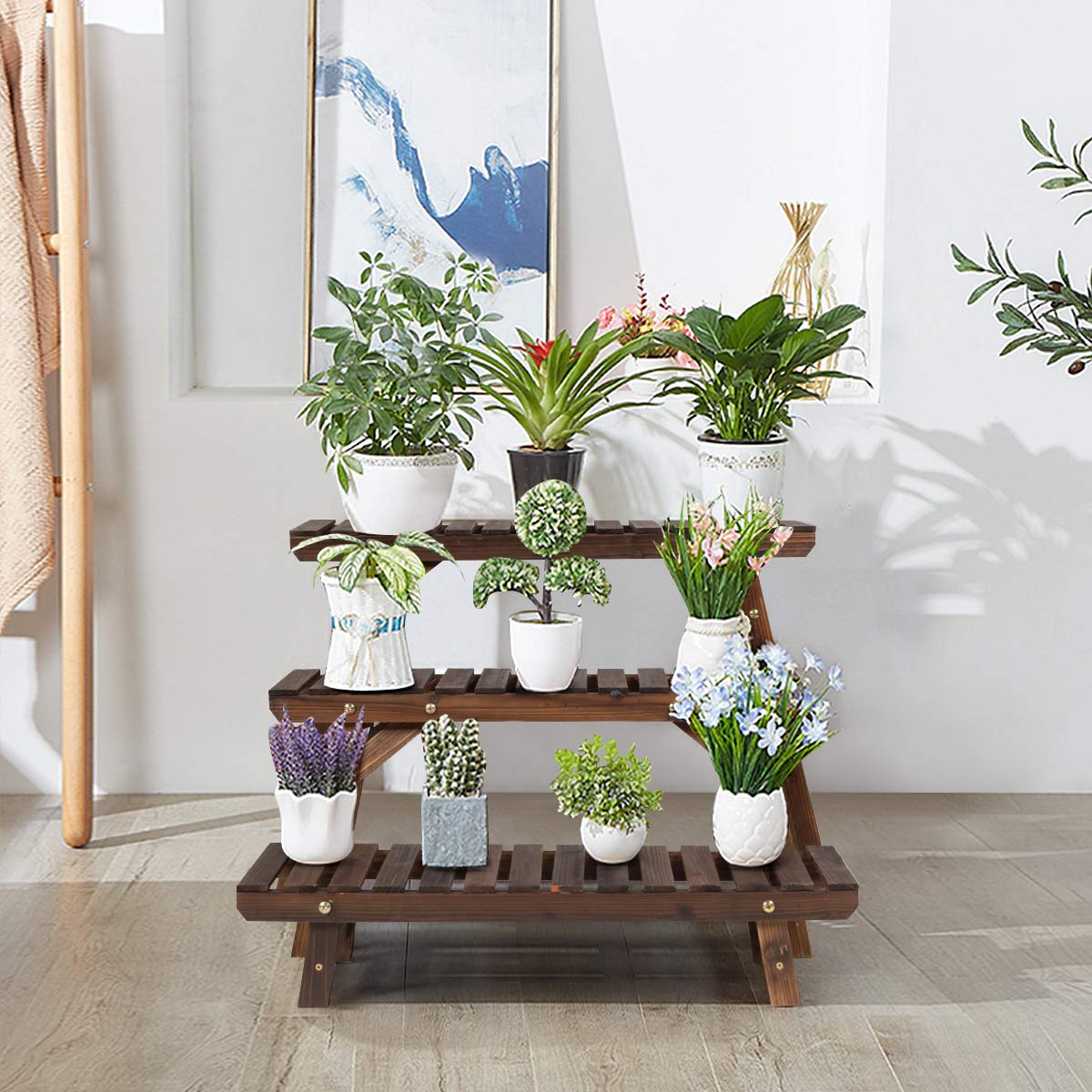 KOMFOTTEU Lot de 3 supports pour plantes, escalier en bois, étagères à fleurs à plusieurs étages, échelle de fleurs, design classique, étagère amovible pour plantes, jardin, balcon, terrasse, nature