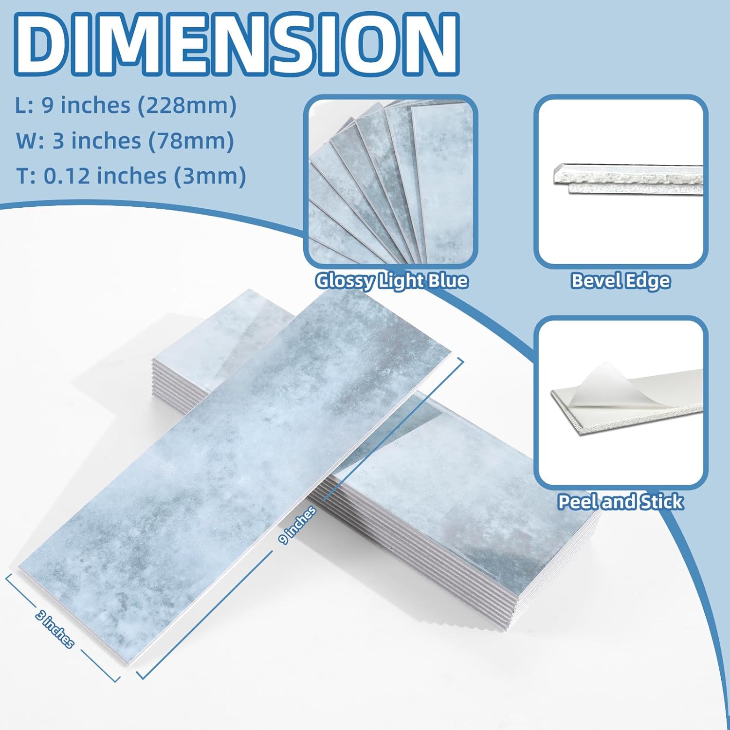 30 PCS Peel and Stick Backsplash for Kitchen - Glossy Subway Tile - 3"x 9" Self-Adhesive Stick on Wall Tile, Hard SPC Imitation Stone Glazed Mosaic (Light Blue, 3" x 9" x 0.12")