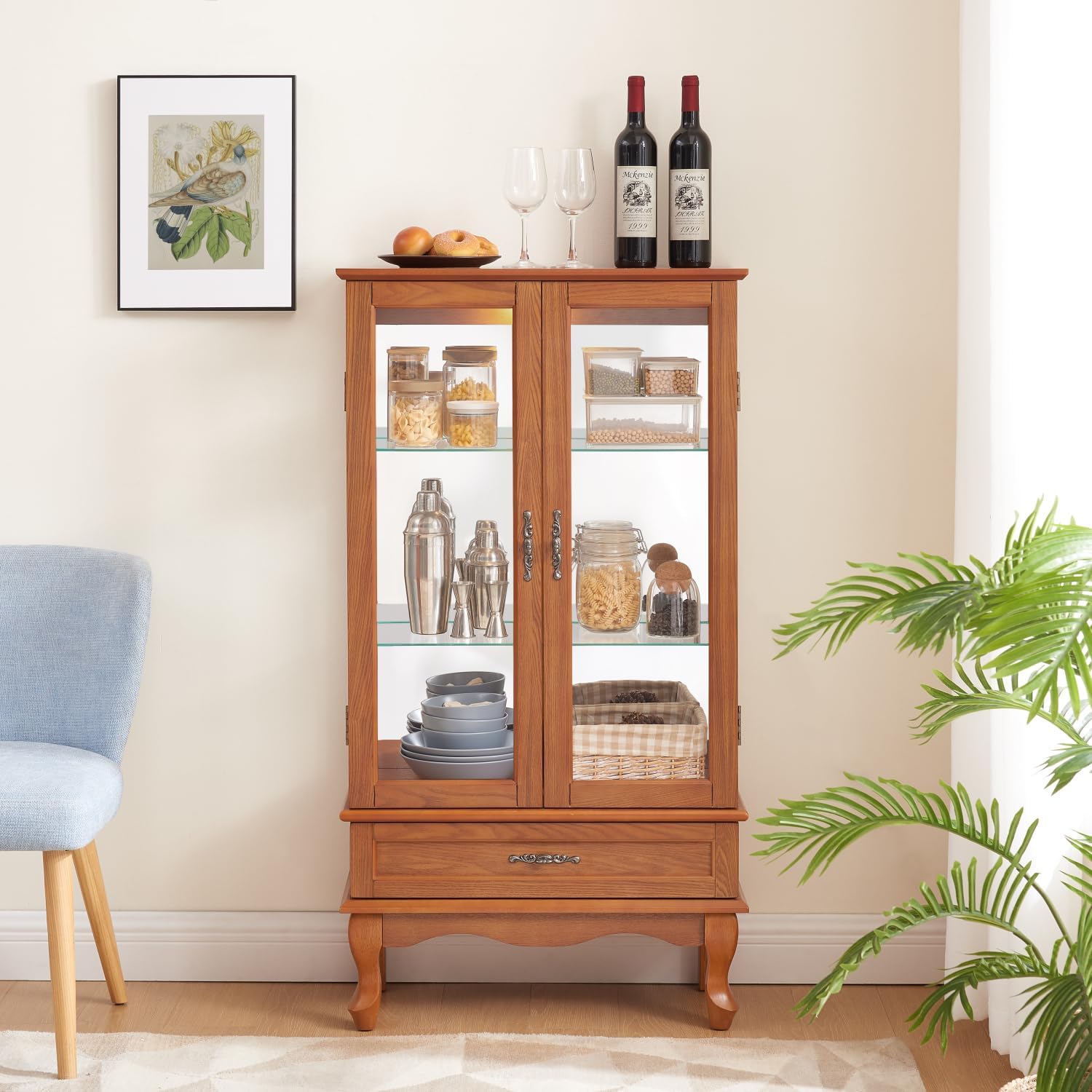 Lighted Glass Display Cabinet with Adjustable Shelves and Drawer