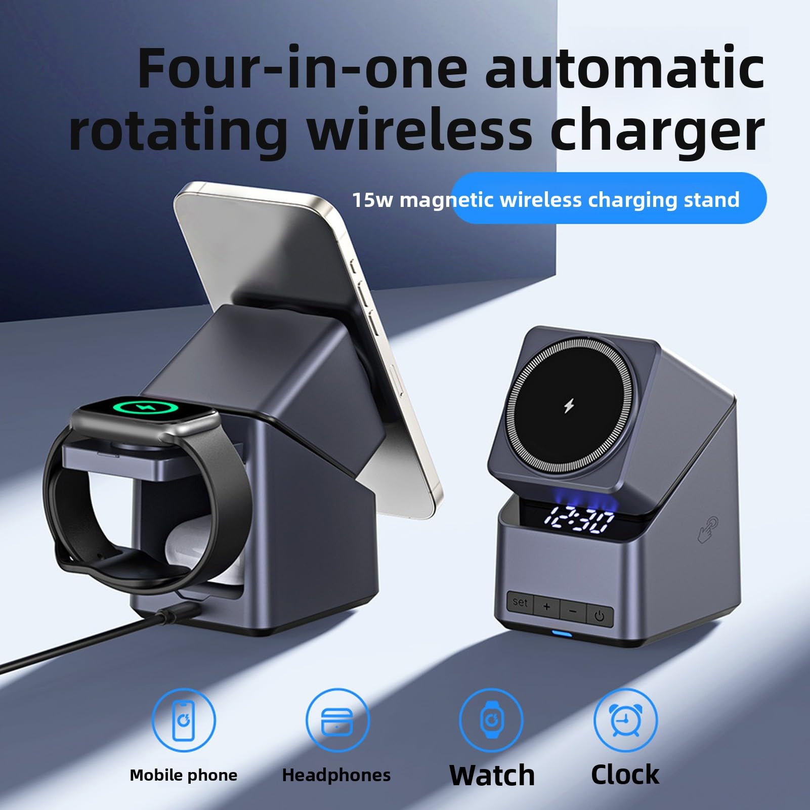 Fabater Stazione di Ricarica Wireless 4 in 1 per Telefono, Smartwatch, Auricolari, Supporto Magnetico per Caricabatterie con Rotazione di 180 Gradi e Display Orologio