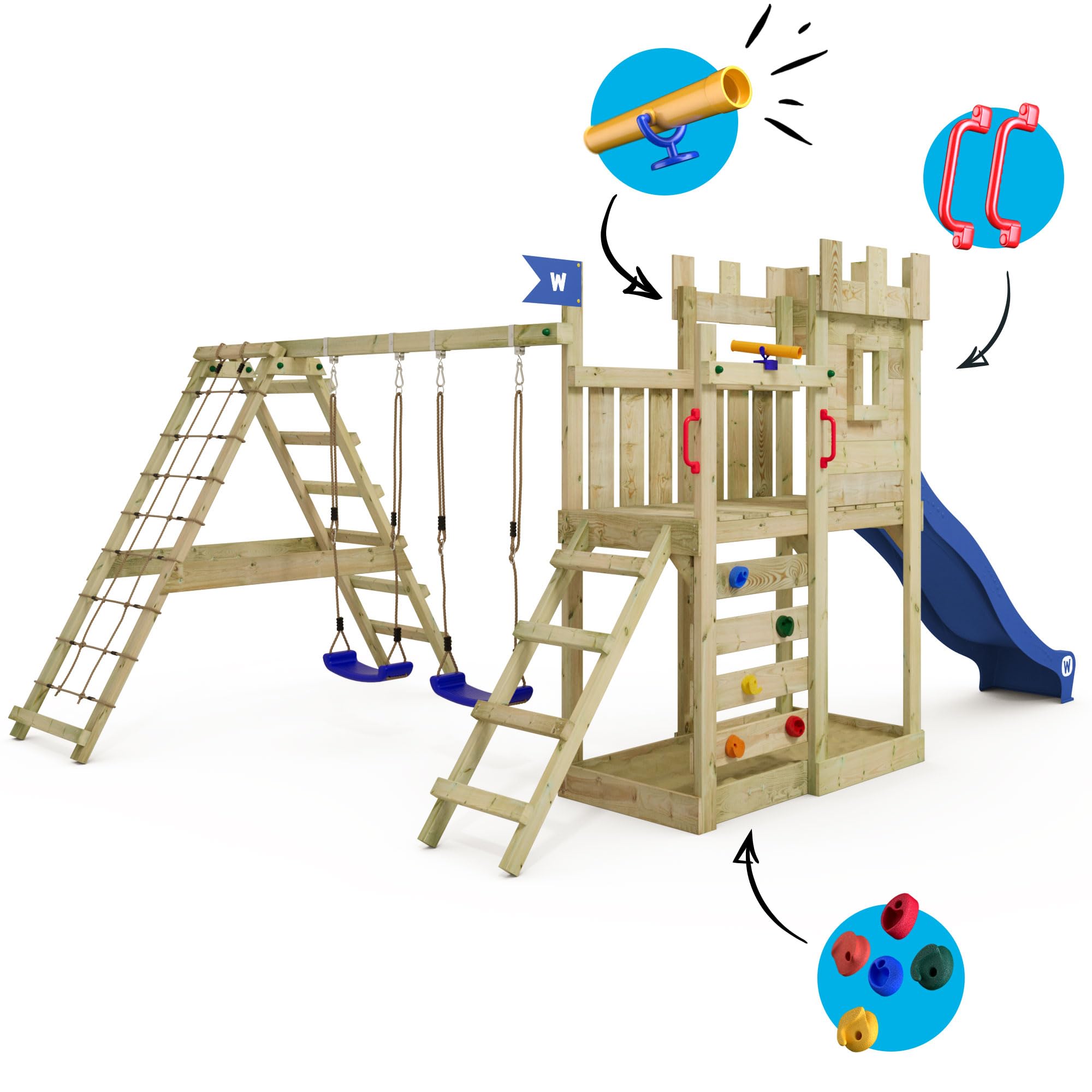 WICKEY Spielturm Ritterburg GateFlyer mit Schaukel & grüner Rutsche, Outdoor Kinder Kletterturm mit Sandkasten, Leiter & Spiel-Zubehör für den Garten