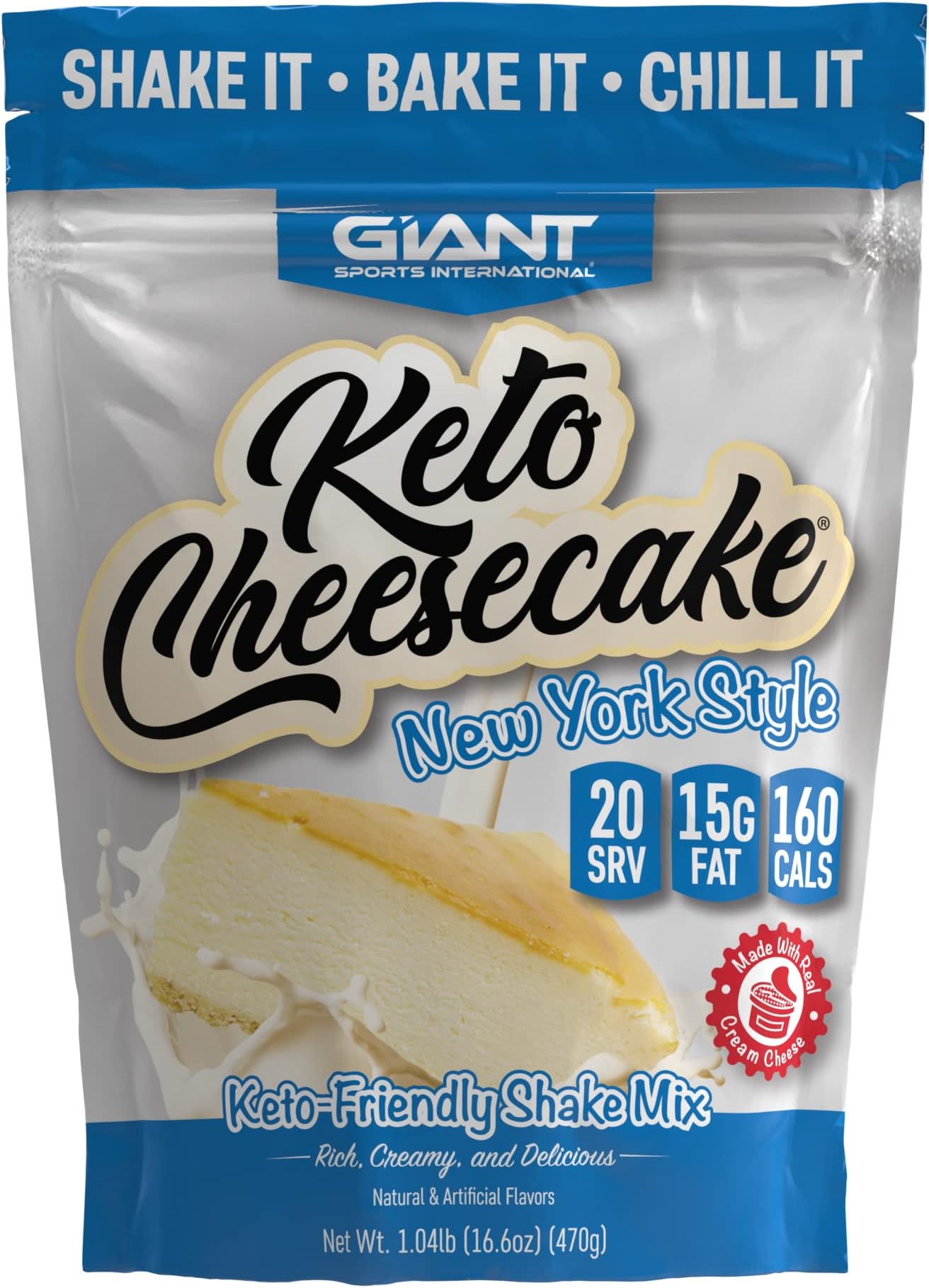Giant Sports Keto Cheesecake Shake Mix - Delicious Low Carb, Ketogenic Diet Gluten Free Powder Mix - Meal Replacement - Works Great with Almond Milk - New York Style (20 Serving Bag)