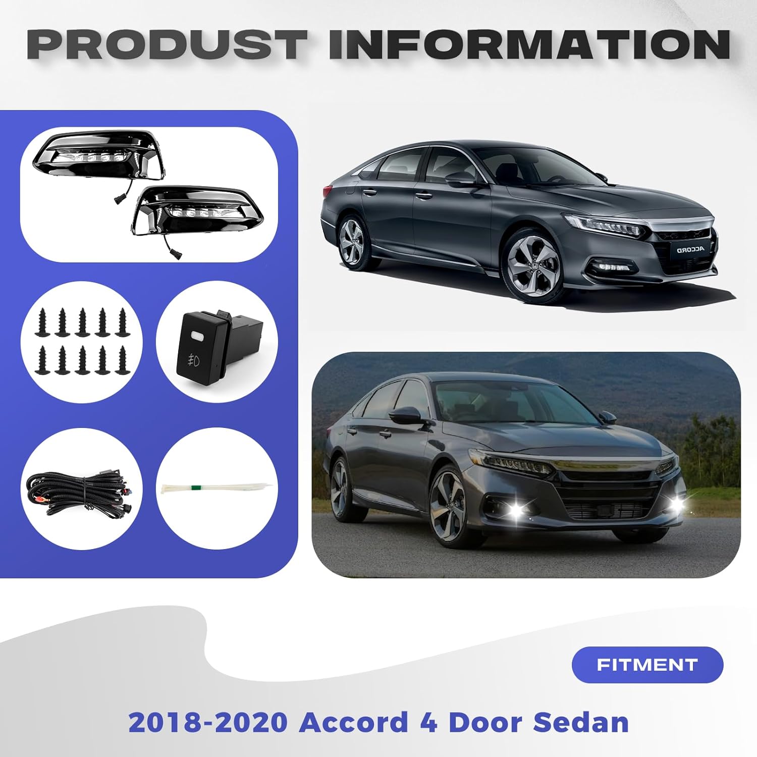 RP Remarkable Power, LED Fog Lights Compatible with 2018-2020 Accord Sedan DRL Bumper Fog Lamps Bezel with 12V 7W LED Light Bulbs and Switch Assembly Driver & Passenger Side FL7178