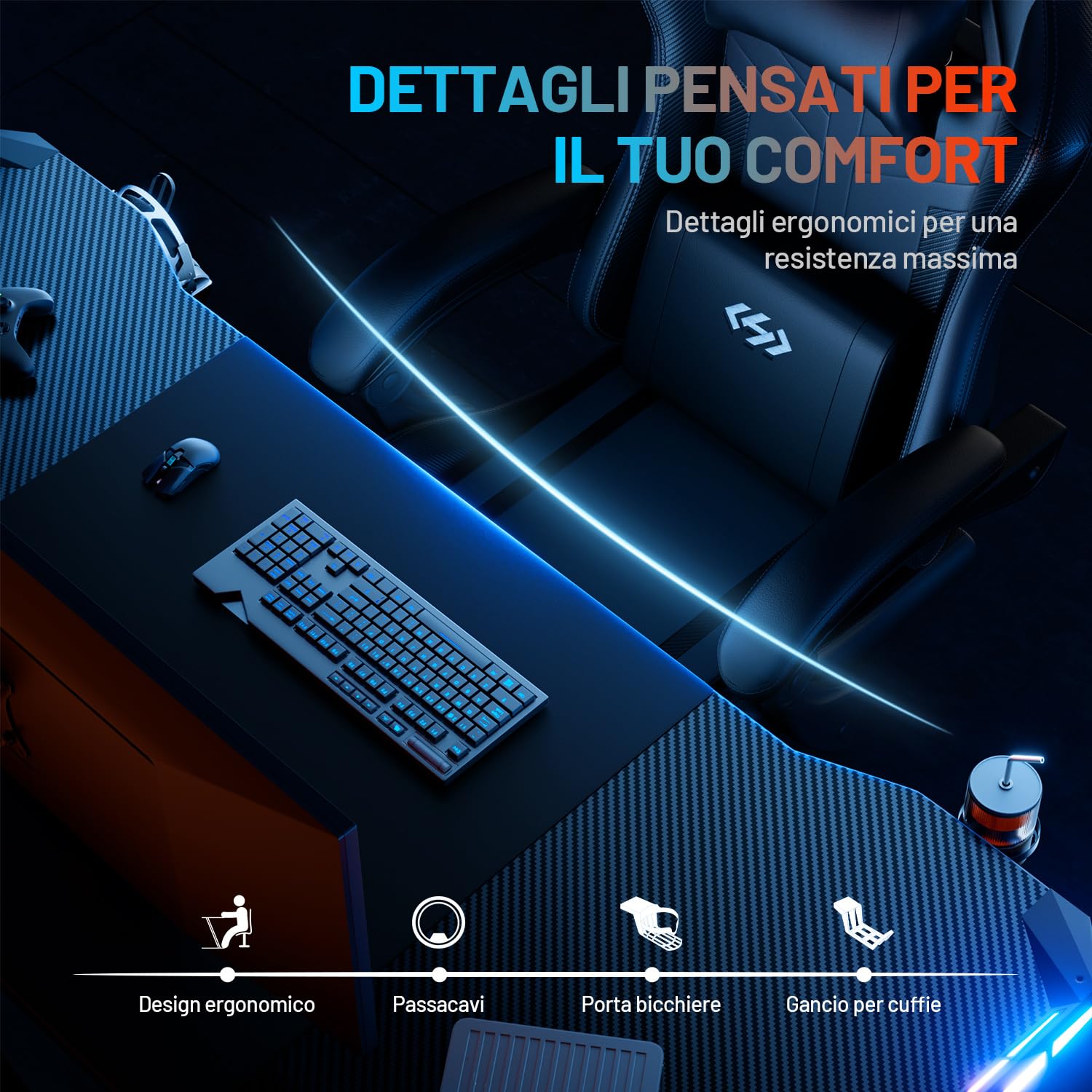 HLFURNIEU Scrivania Gaming LED, 120 x 60 cm Tavolo Gaming Ergonomica, Postazione Gamer con Portabicchieri e Gancio per Cuffie, Scrivania con Gamer Superficie in Fibra di Carbonio, Nero
