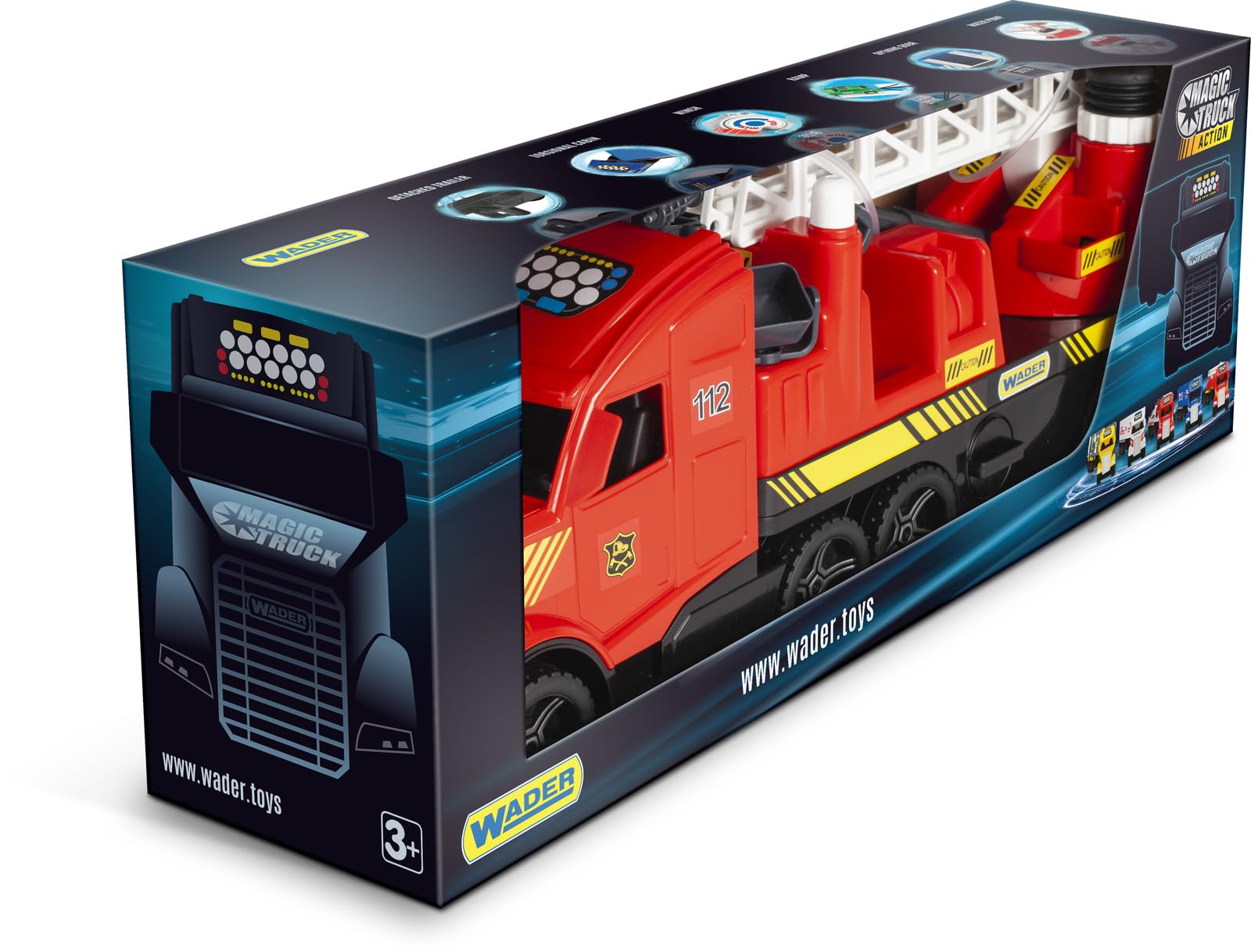 Wader 36221 - Magic Truck Feuerwehr mit ausziehbarer Leiter, Wasserspritze und leuchtenden Scheinwerfern, Größe ca. 79 cm, für Kinder ab 3 Jahren, Geschenk für kreatives Spielen