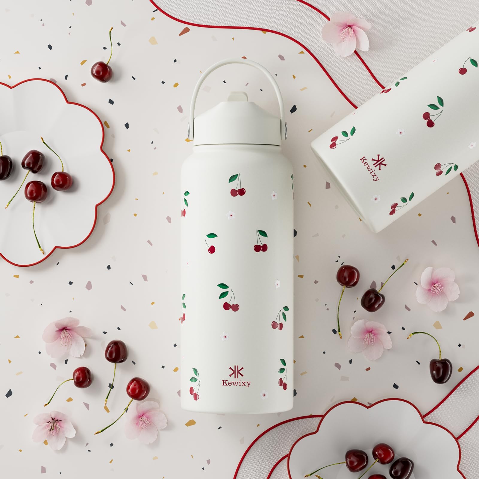 32 oz Insulated Water Bottle with Straw, Leak Proof Water Bottle Stainless Steel with Flip Straw and Handle, Metal, Reusable, Wide Mouth, for Travel, Gym and School (Cream Cherry)