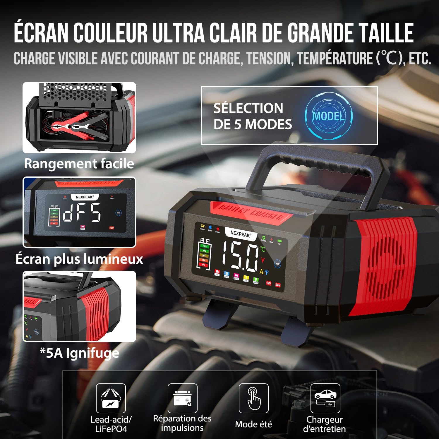 15A Chargeur de Batterie de Voiture, NEXPEAK NC315 12V/24V Chargeur de Batterie Rangement des câbles Intelligent Automatique avec Compensation de Température pour Les Batteries Plomb-Acide et LifePO4