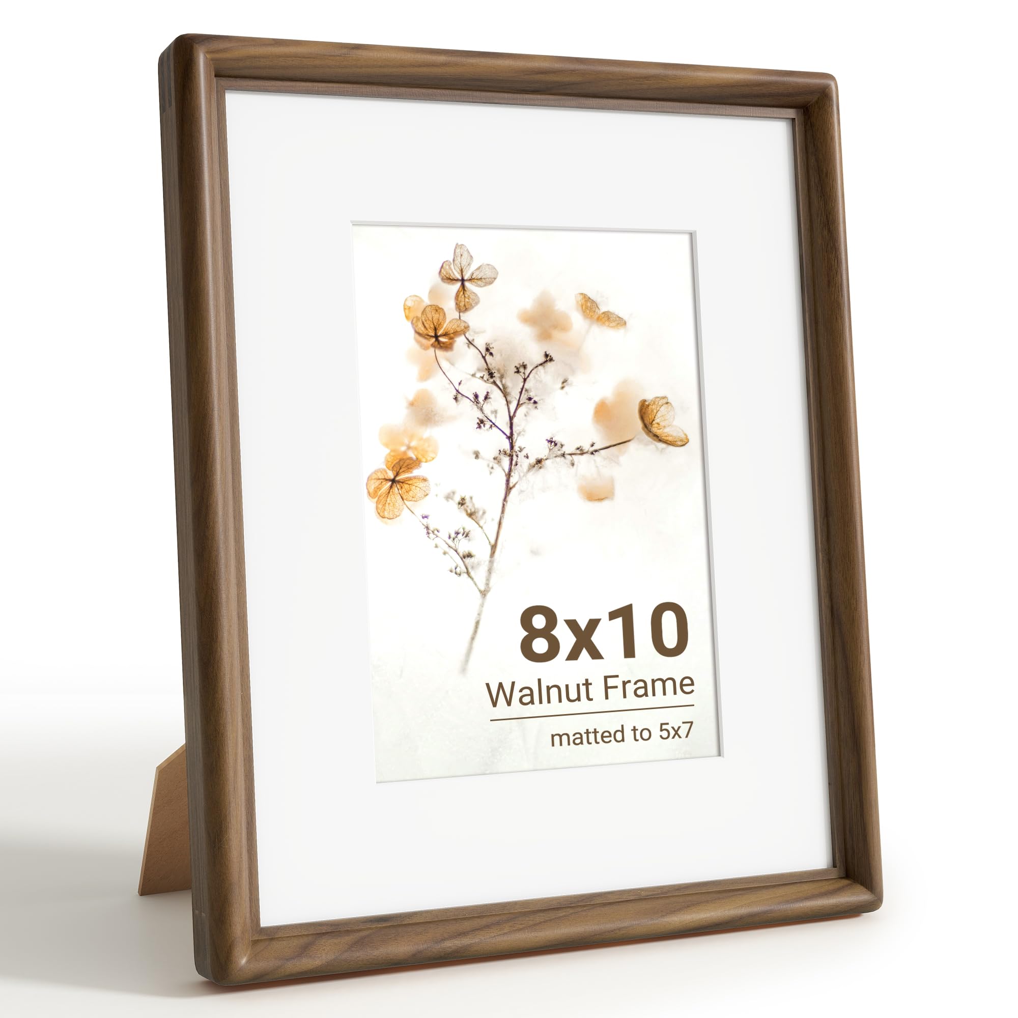 KovaScape 8x10 Photo Frame, Solid Walnut Wood Picture Frame with HD Tempered Glass, Handcrafted Real Wood Frame with Mount for 5x7 Photo, Rounded Corner Design, Wall Hanging or Tabletop Display