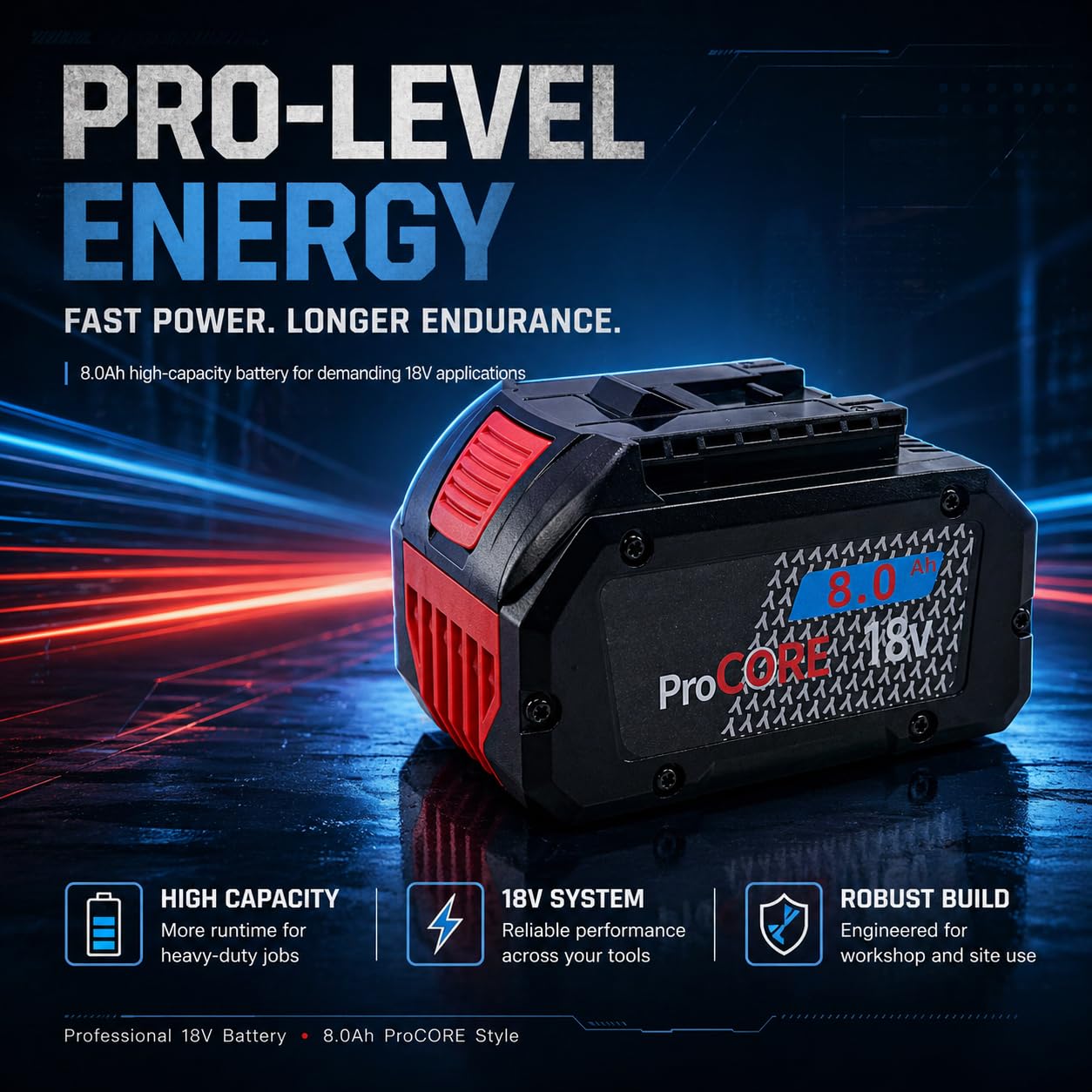 Batería de 8,0 Ah compatible con sistema Bosch Professional 18 V – Batería de repuesto de iones de litio de alto rendimiento – para dispositivos GBA/ProCORE – Larga duración y alto rendimiento