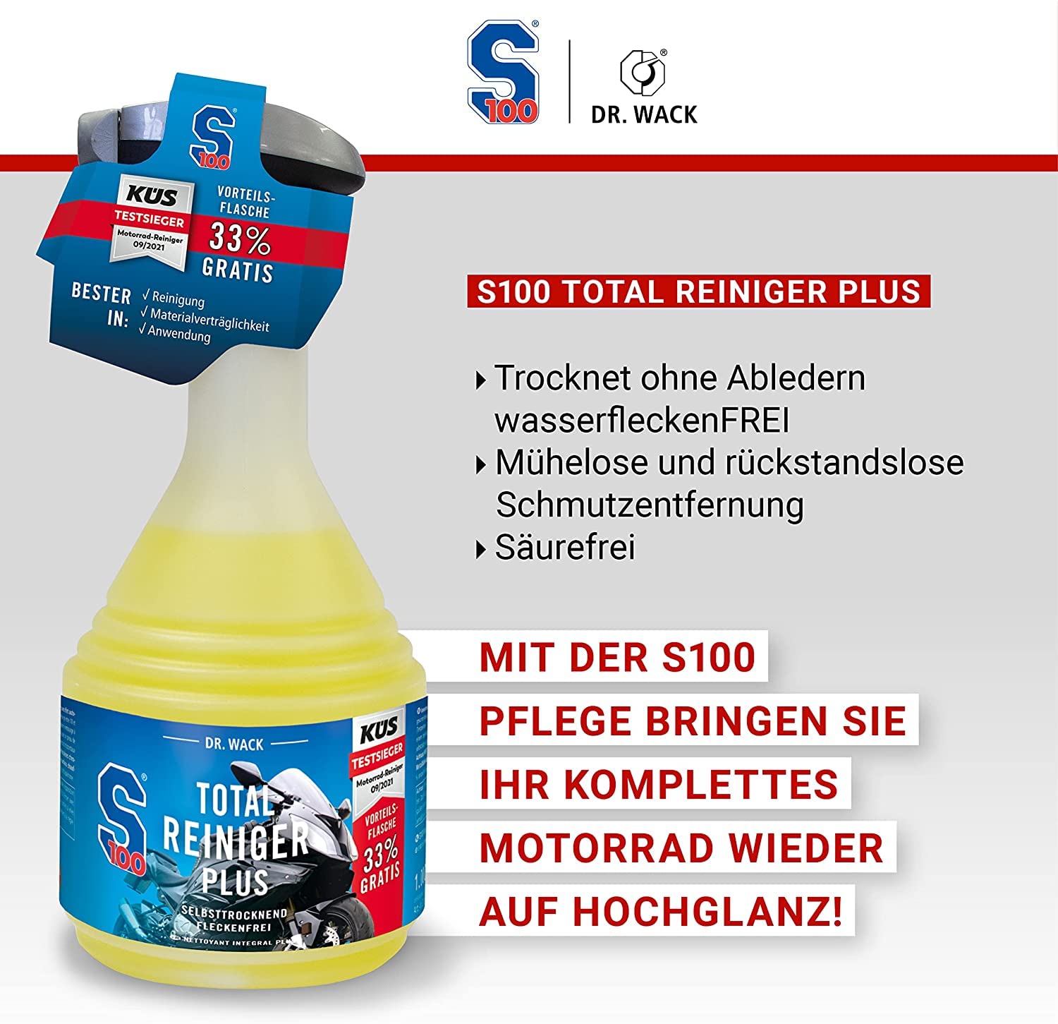 Motorrad Reinigung, Trocknen & Detailer Bundle - Dr. Wack S100 Total Reiniger Plus + Bike Detailer S100 Schnellreiniger + detailmate Trockentuch & Poliertuch + Microfiber Monkey Waschhandschuh