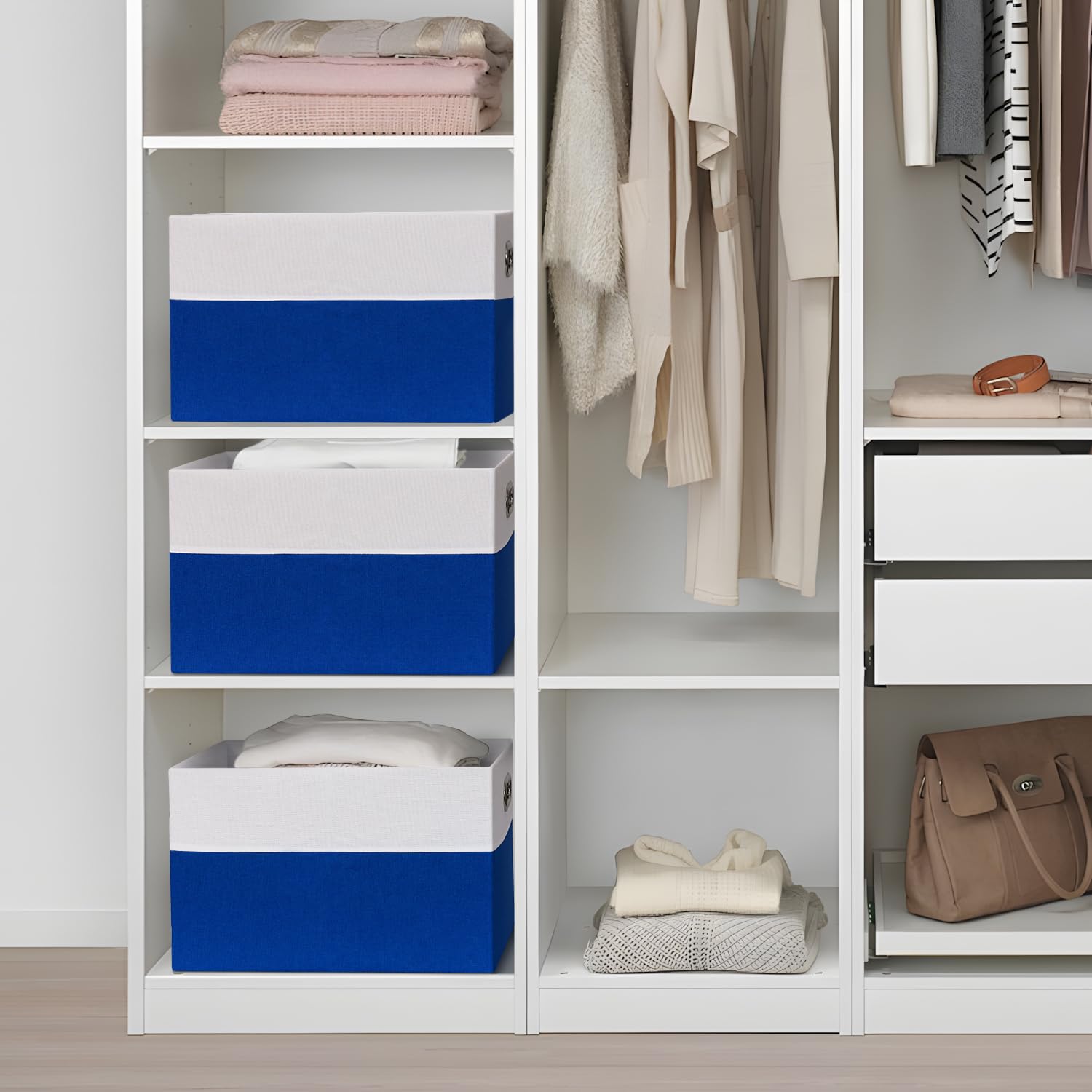 3 Stück Aufbewahrungsbox aus Stoff, Faltbare Ordnungsboxen mit Metallgriff, Boxen Aufbewahrung, Faltbox, Aufbewahrung für Kleidung, Geeignet für Schränke, Büros, 38x28x24 cm (Weiß & Blau)