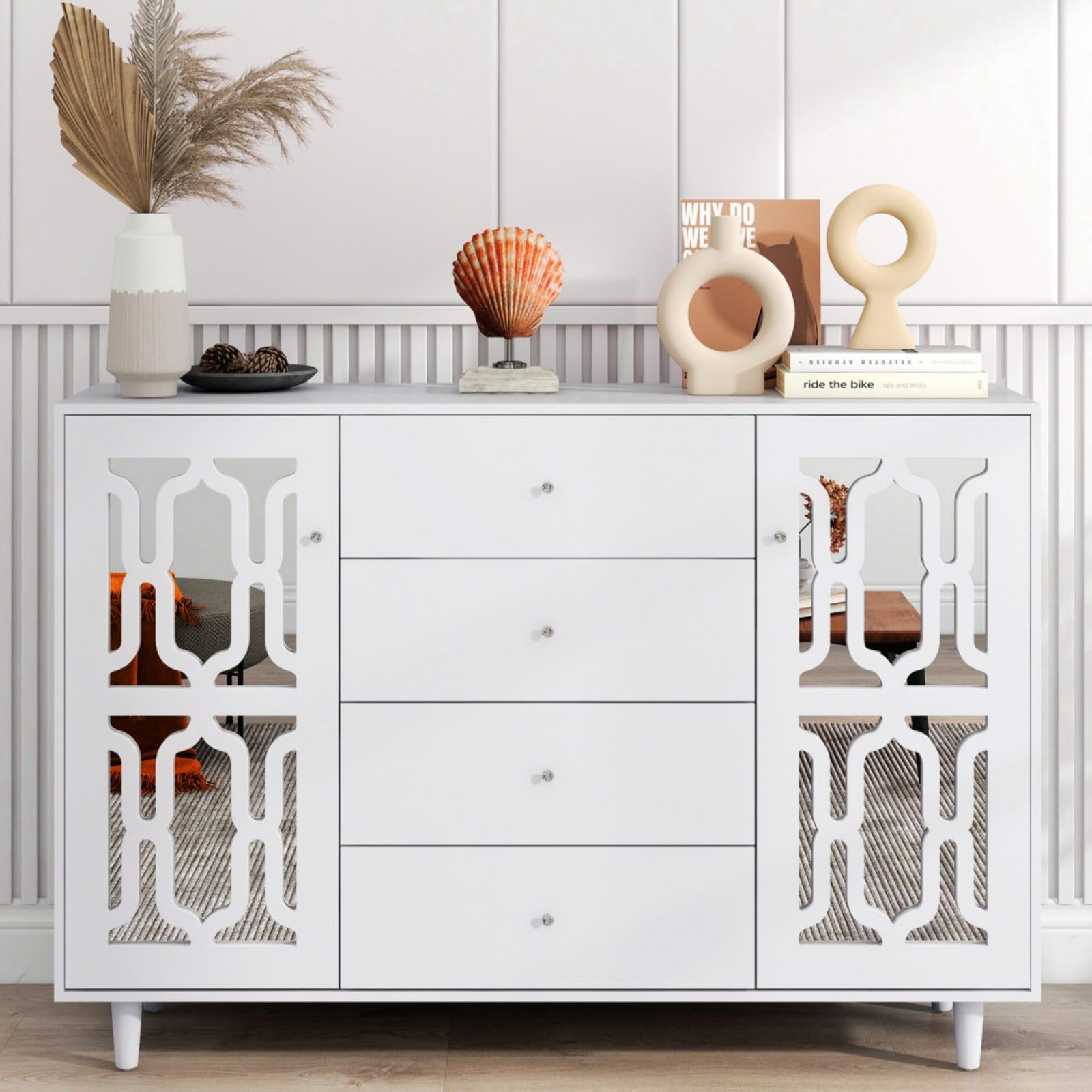 KOMHTOM Elegante weiße verspiegelte Anrichte Kommode, Sideboard mit Zwei Türen und DREI Schubladen, Mehrzweckschrank für Wohnzimmer Schlafzimmer
