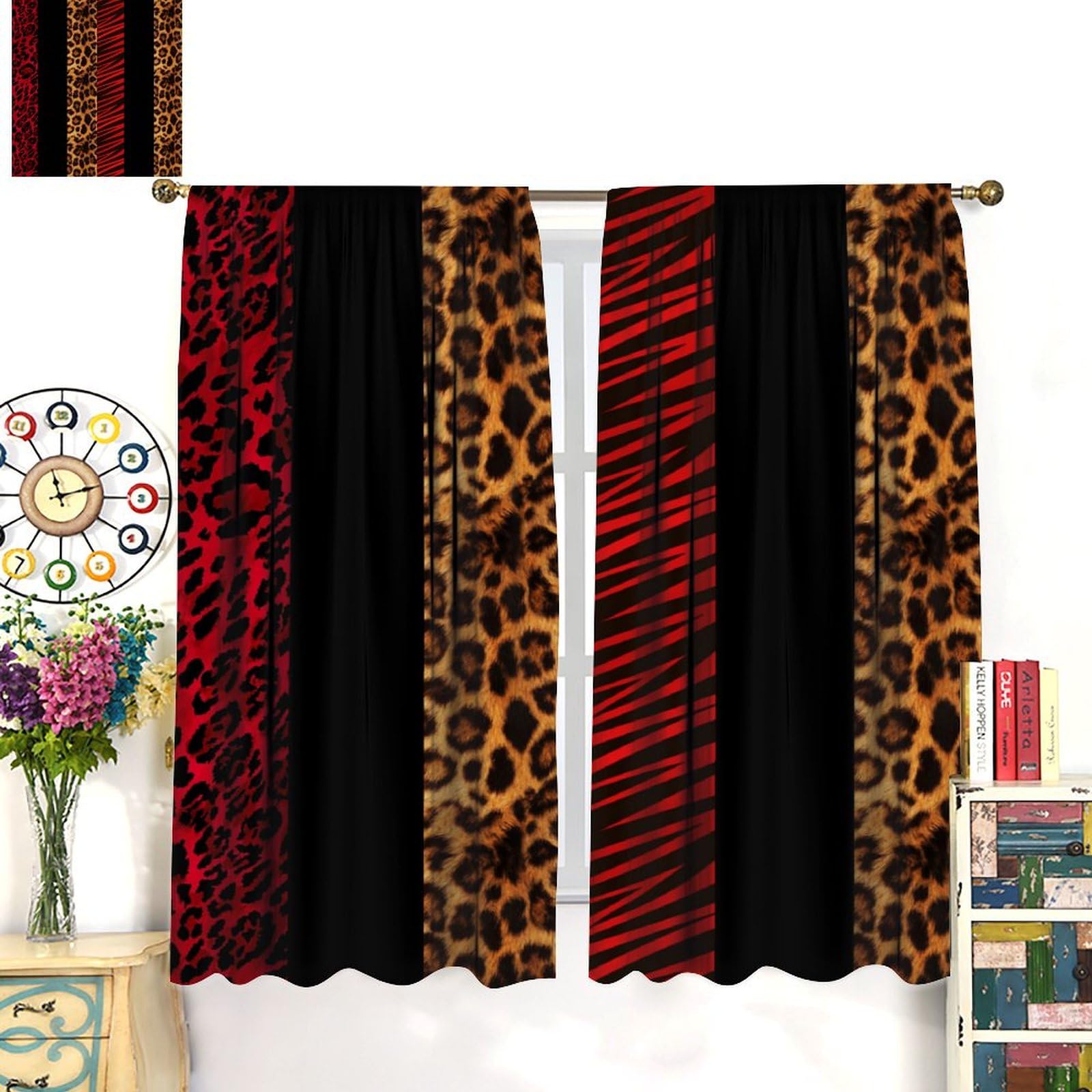 Leopard Print Window Curtains,Red and Black Leopard Texture Lightweight Décor Window Treatments Wild Animal Skin Print Drapes for Bedroom Living Room
