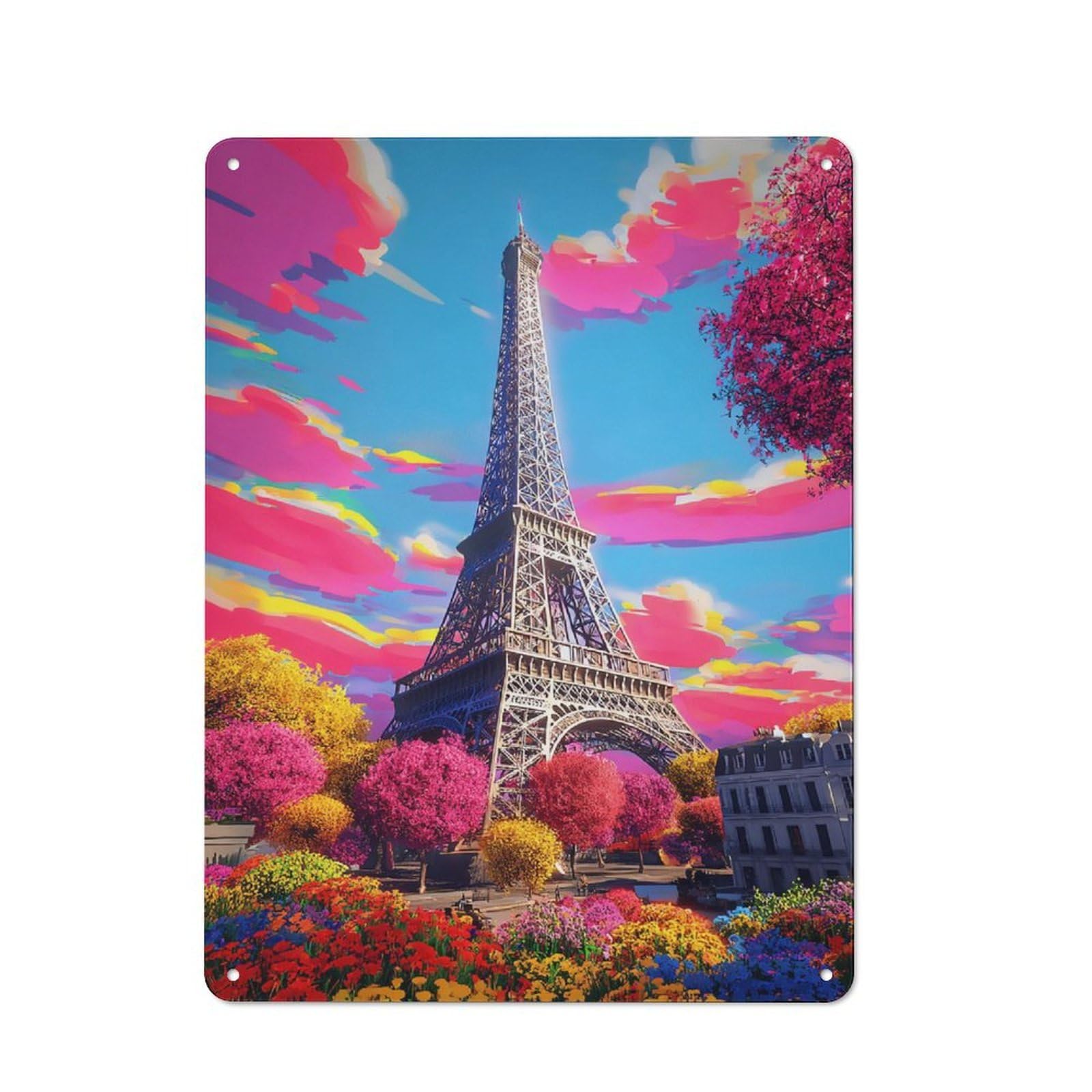 Junmoney Colorful Paris Eiffel Tower Scene Metal Plaque With Design 40X30cm, Vintage Bistro Wall Plaque For Coffee Bar, Kitchen, Bistro Or Tea Corner