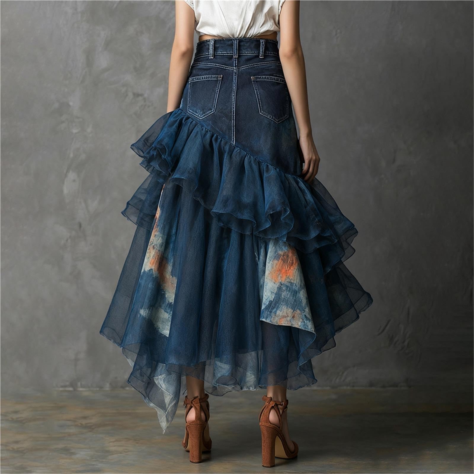 Gonna Lunga da Donna con Volant Patchwork in Denim a Vita Alta