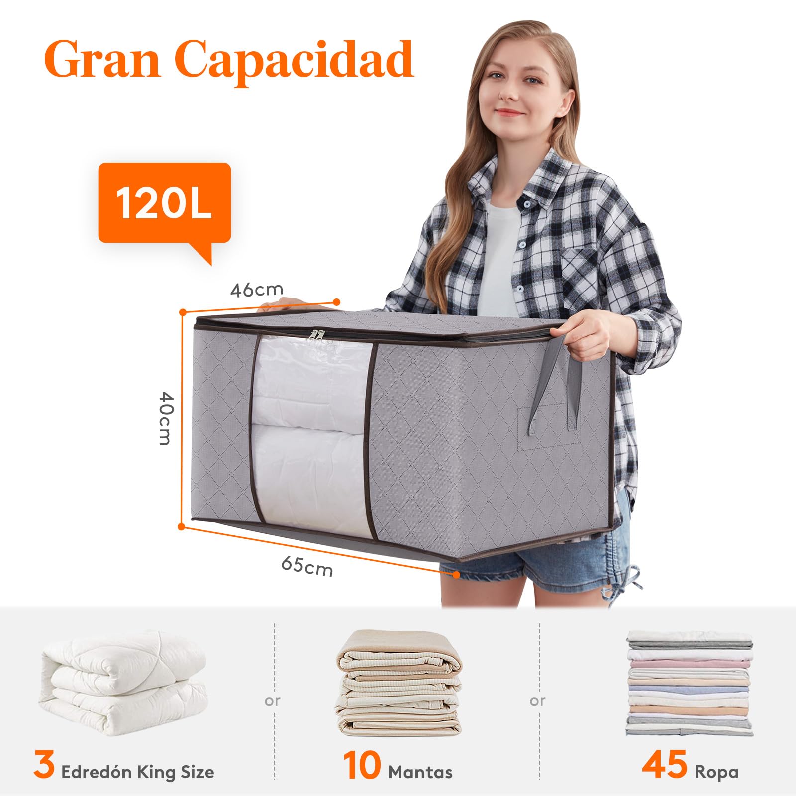 Lifewit 4 Piezas 120L Cajas Almacenaje de Gran Capacidad, Cajas Mudanza Plegable, Bolsas para Guardar Ropa, Bolsas Almacenaje Ropa, Organizador Armario Para Ropa, Mantas, Edredones, Gris Claro