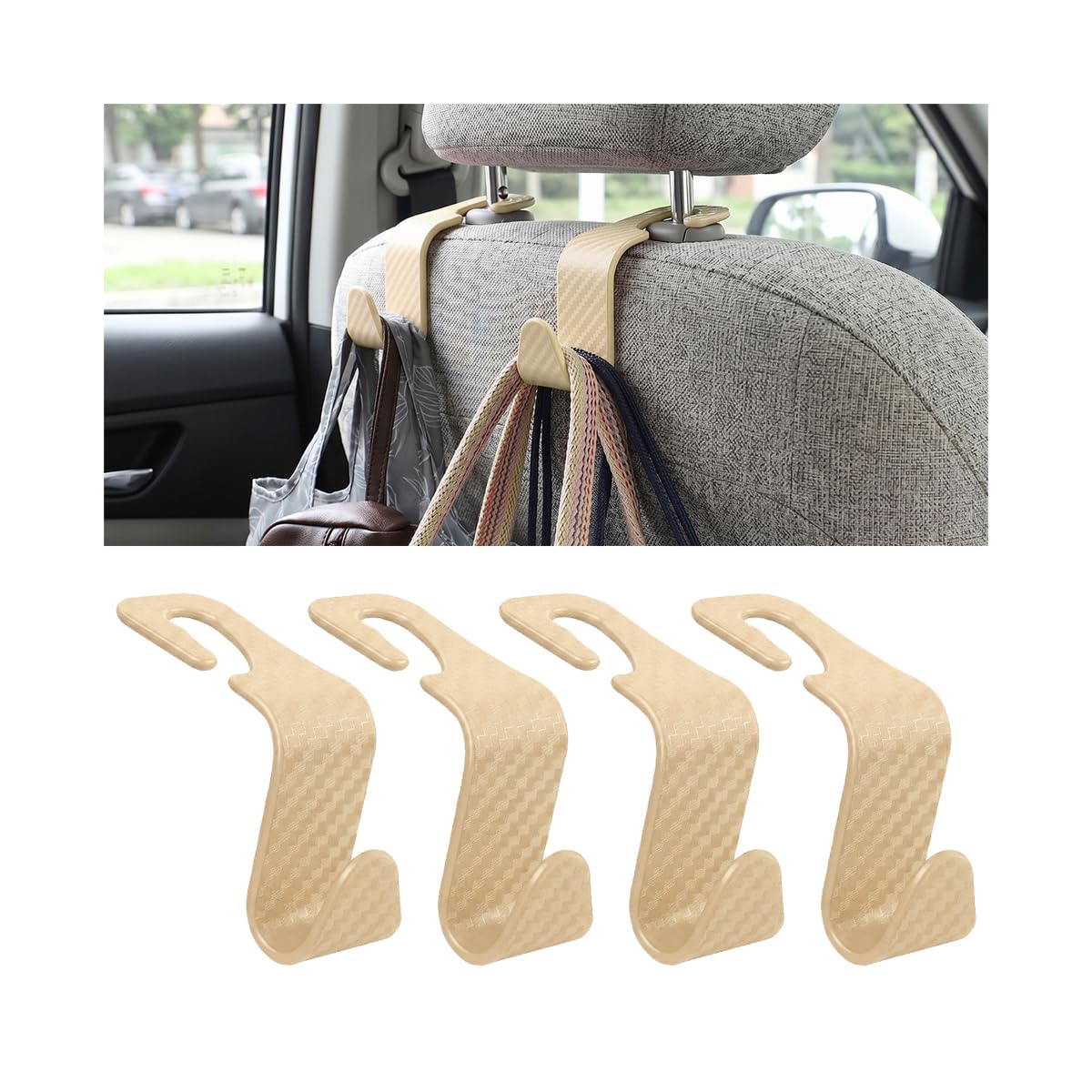 4 Pack Headrest Hooks for Vehicle Seats, Carbon Fiber/Beige