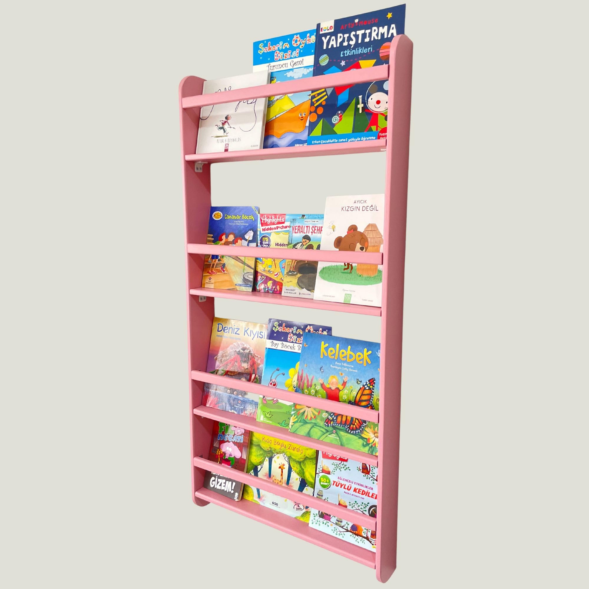 Wooden Handmade Montessori Wall Mounted Kids Bookshelf, 4-Tier Book Organizer for Child Bedroom, Nursery Interior Furniture Library, Solid Pine Wood