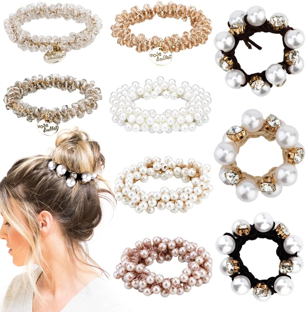 Ahoney 9Pcs Pearl Hair Ties Elastic Hair Scrunchies Hold Crystal Beads Bulk Hair Ropes Stretchy Handmade Boho Bride Bachelorette Party Hair Accessories for Women Girls (Pearl&Crystal)