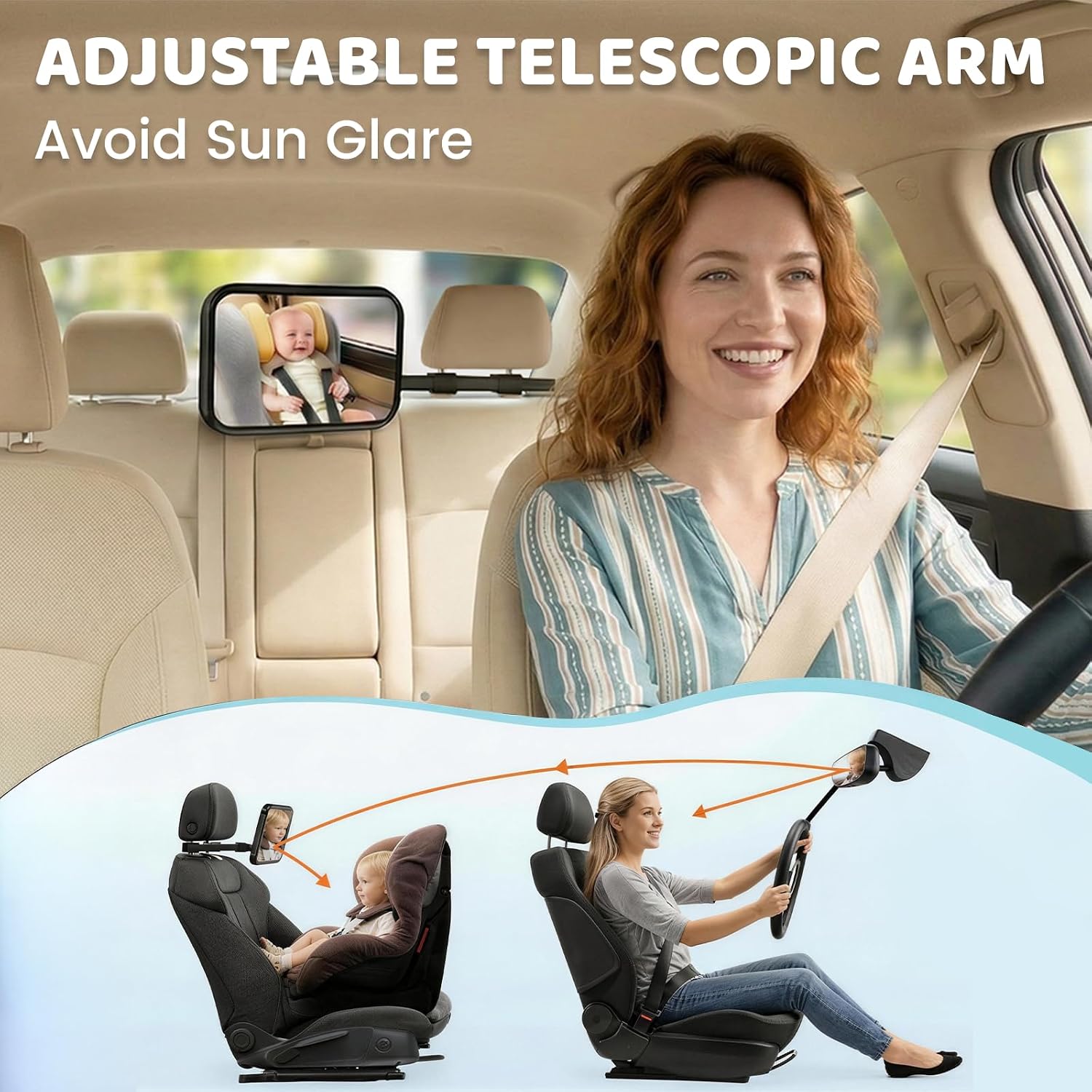 Baby Car Mirror for Rear Facing Seat, Extendable Arm Car Seat Mirror for Baby, Shatterproof Wide View Backseat Mirror, 360° Adjustable Stable Hook Clip Baby Mirror, Newborn Essentials