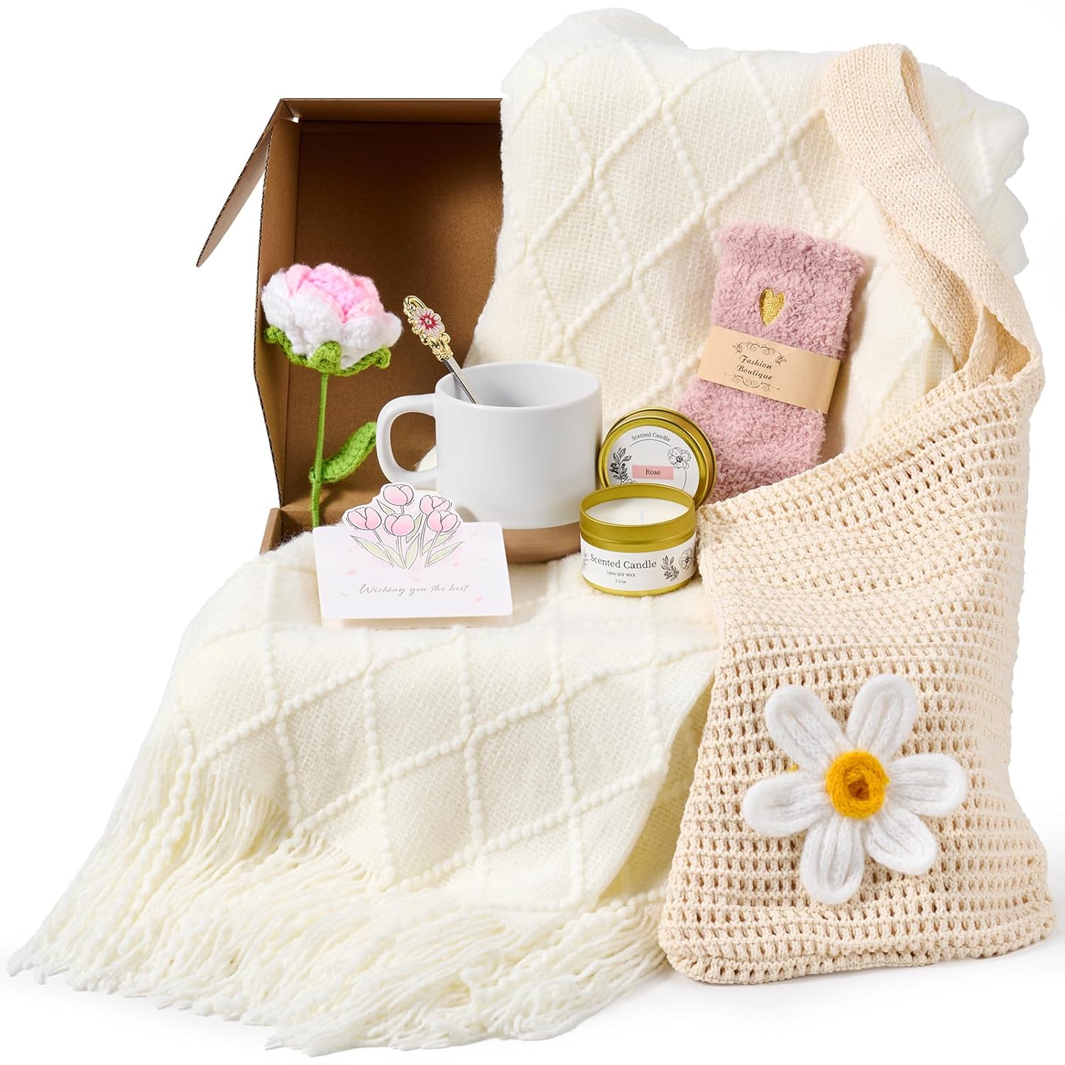 Birthday Gifts for Women, Knitted Blanket Beach Tote Bag, Self Care Package Get Well Soon Thank You Gifts Basket for Her, Mom, Teacher, Sister, Friend, Birthday Xmas Inspirational Gift Ideas