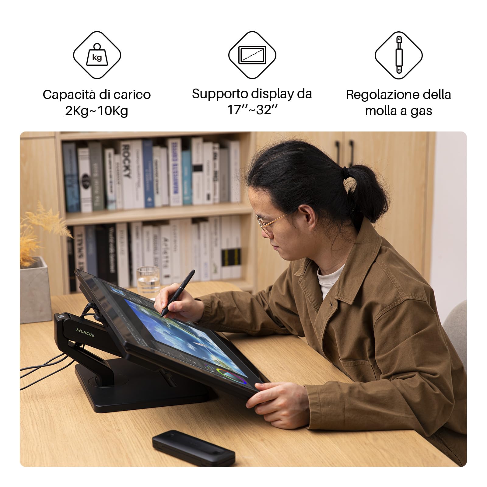 HUION ST500 Supporto Regolabile da Desktop, Piedini in Silicone Antiscivolo, Supporto Stabile, Regolazione Multi-Angolo, Compatibilità VESA, Adatto per Schermi da 17-32 Pollici