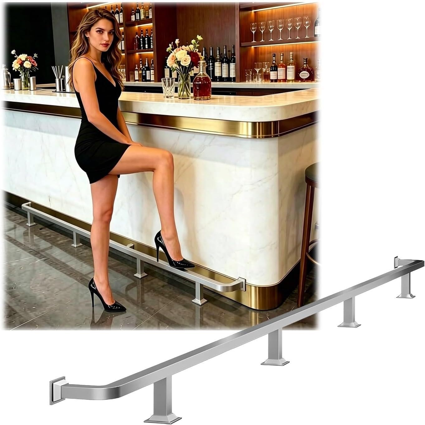 HGOuhK Bar Foot Rail Kit Stainless Steel Bar Foot Rail Kit, Indoor & Outdoor Heavy Duty Bars Feet Rest for Counter Pub and Kitchen(Silver,1.0M/3.28FT)
