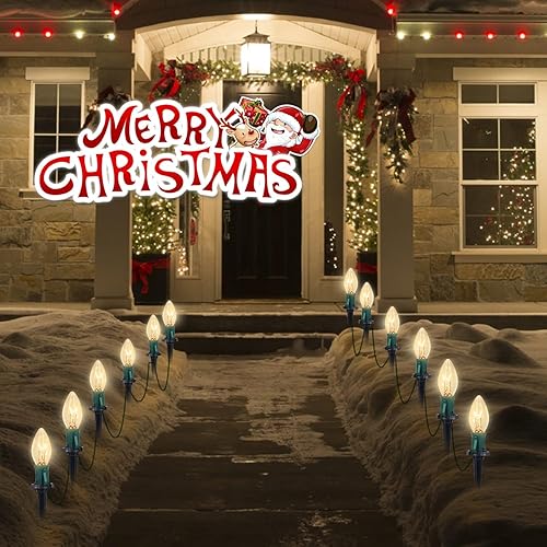 Miniatura 5 de Couah Luces de camino de Navidad C9, 38 pies, luces transparentes de camino de Navidad con 25 bombillas incandescentes y estacas para exteriores,