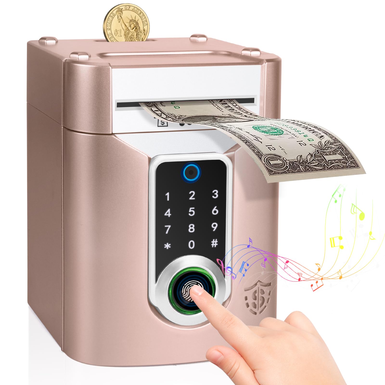 Highttoy Salvadanaio Bambina, Salvadanaio Elettronico con Touchscreen e Impronta Digitale, Regalo Bambina 3-12 Anni Giochi Bimba, Cassaforte Salvadanaio Bancomat per Bambini, Oro Rosa