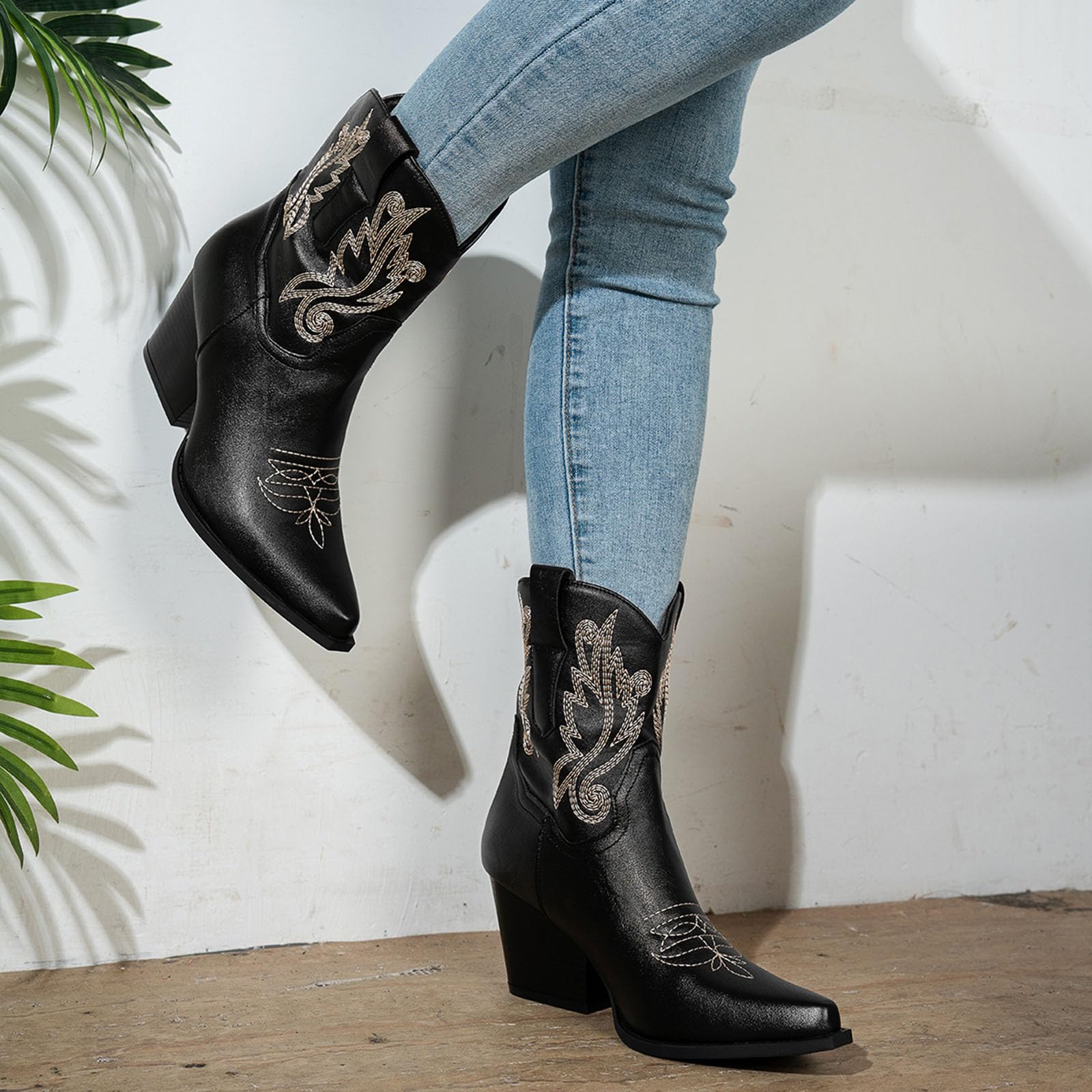 Botas de verano de vaquero para mujer, con tacón de bloque, punta puntiaguda, diseño retro bordado, cremallera lateral y caña media