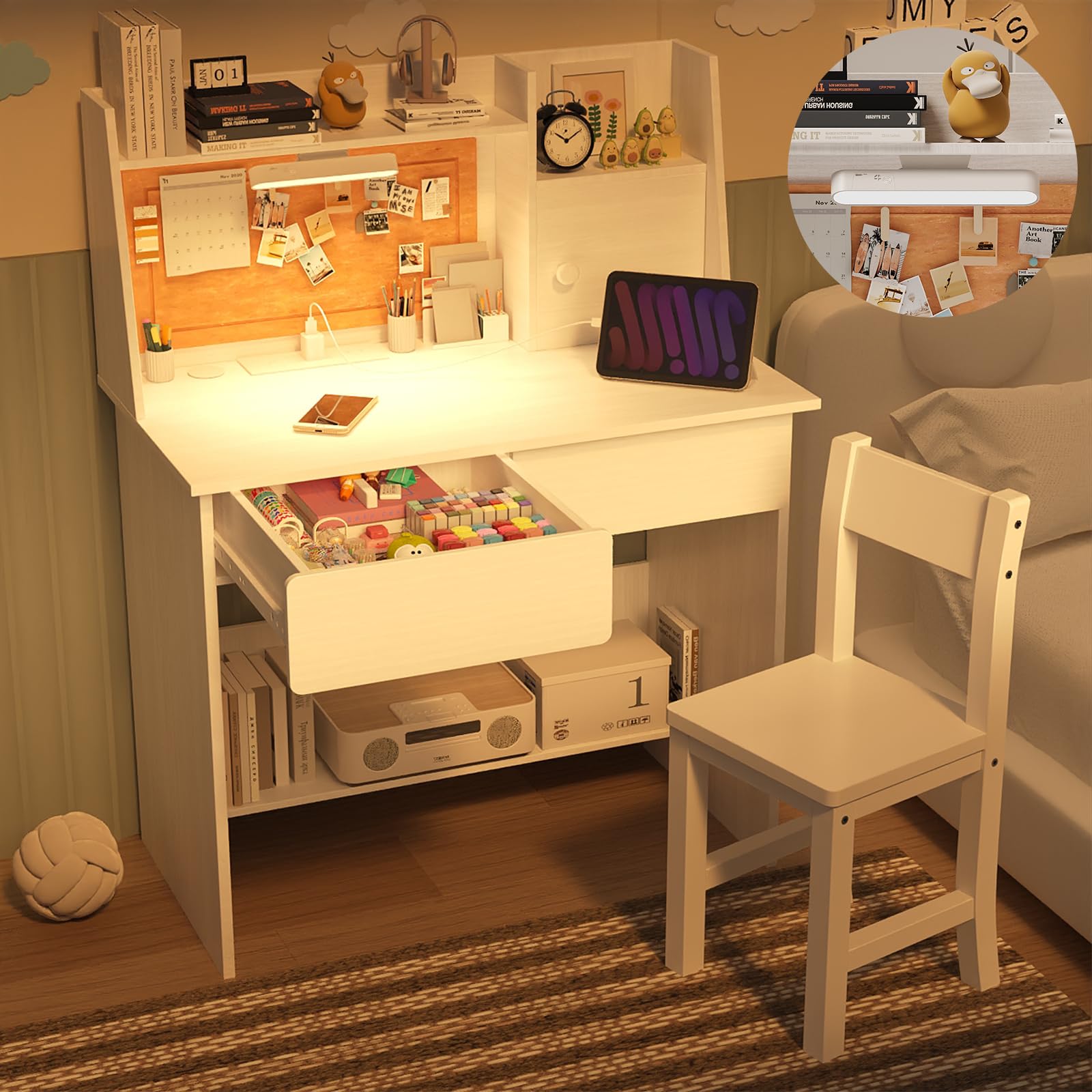 NKUGCFC Ivory White Wooden Kids Study Desk and Chair Set, Childrens Desk with Light and Charging Station, 2 Drawers,Storage Cabinets and Shelves, Boys