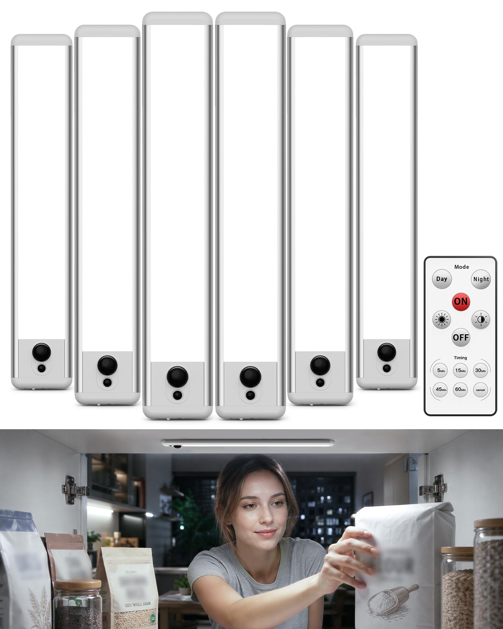 EZVALO 6 Pack Under Cabinet Lights, 14.5'' Magnetic Motion Sensor Light, 4000mAh Rechargeable Closet Light with Remote &amp; Timer, Dimmable 5700K Cool White for Kitchen, Closet, Stairs, Hallway