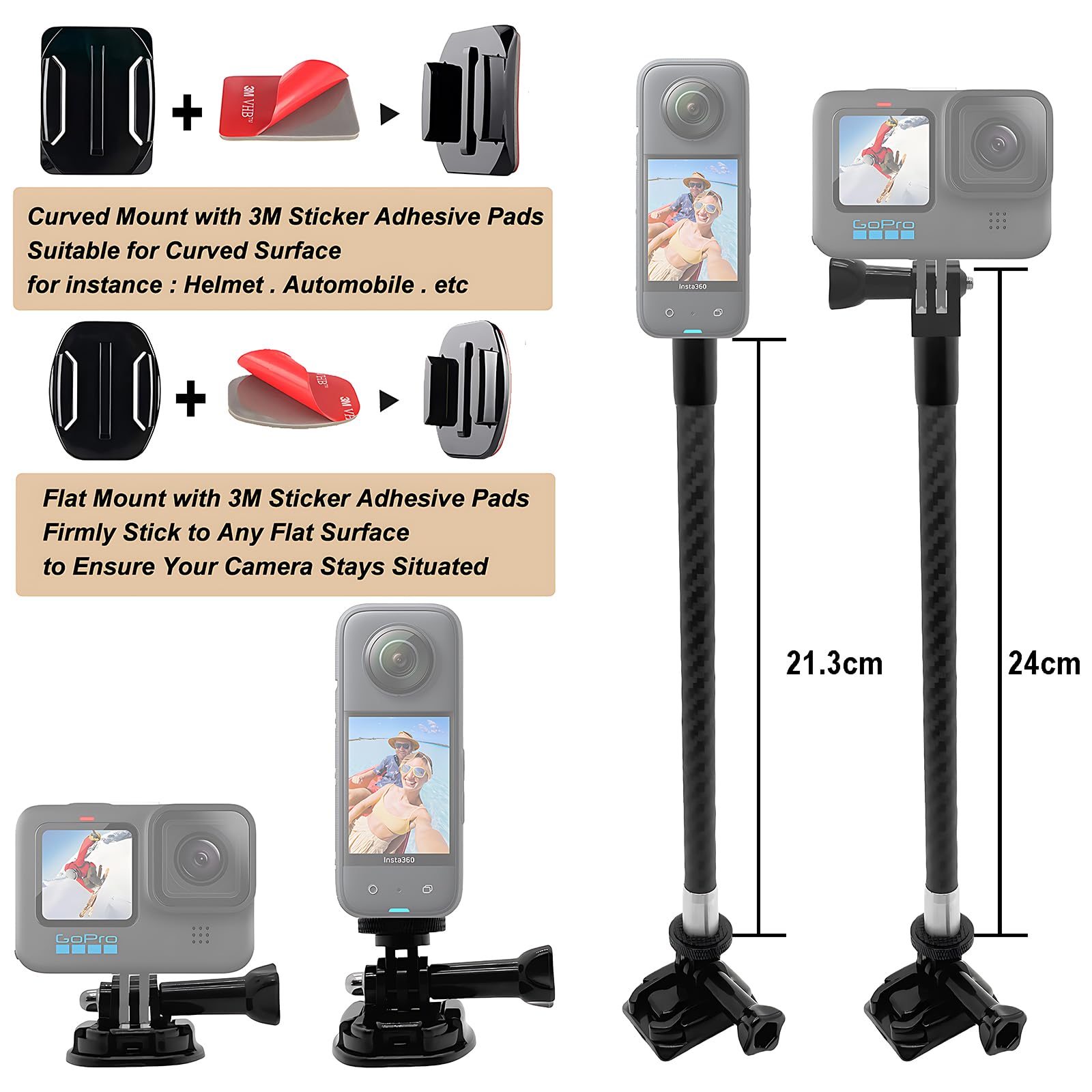 Support Moto/Vélo PULUZ Pour Insta360 X3/X4/GoPro - Perche 150cm + Pinces - Alliage Aluminium - Fixation Stable