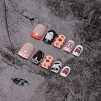 Vista 5 de Uñas postizas a presión para Halloween, punta francesa, uñas postizas cortas cuadradas de RIICFDD con diseño de calabaza, espeluznante y calavera