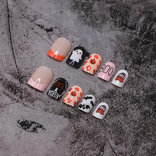 Miniatura 5 de Uñas postizas a presión para Halloween, punta francesa, uñas postizas cortas cuadradas de RIICFDD con diseño de calabaza, espeluznante y calavera