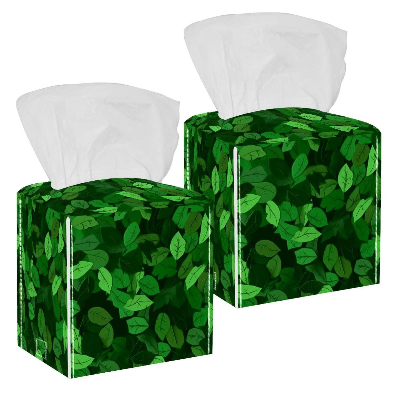 Artistic Leaves Tissue Box Cover, 2 Pack PU Leather Square Facial Tissue Dispenser Box holder for Home Office Car